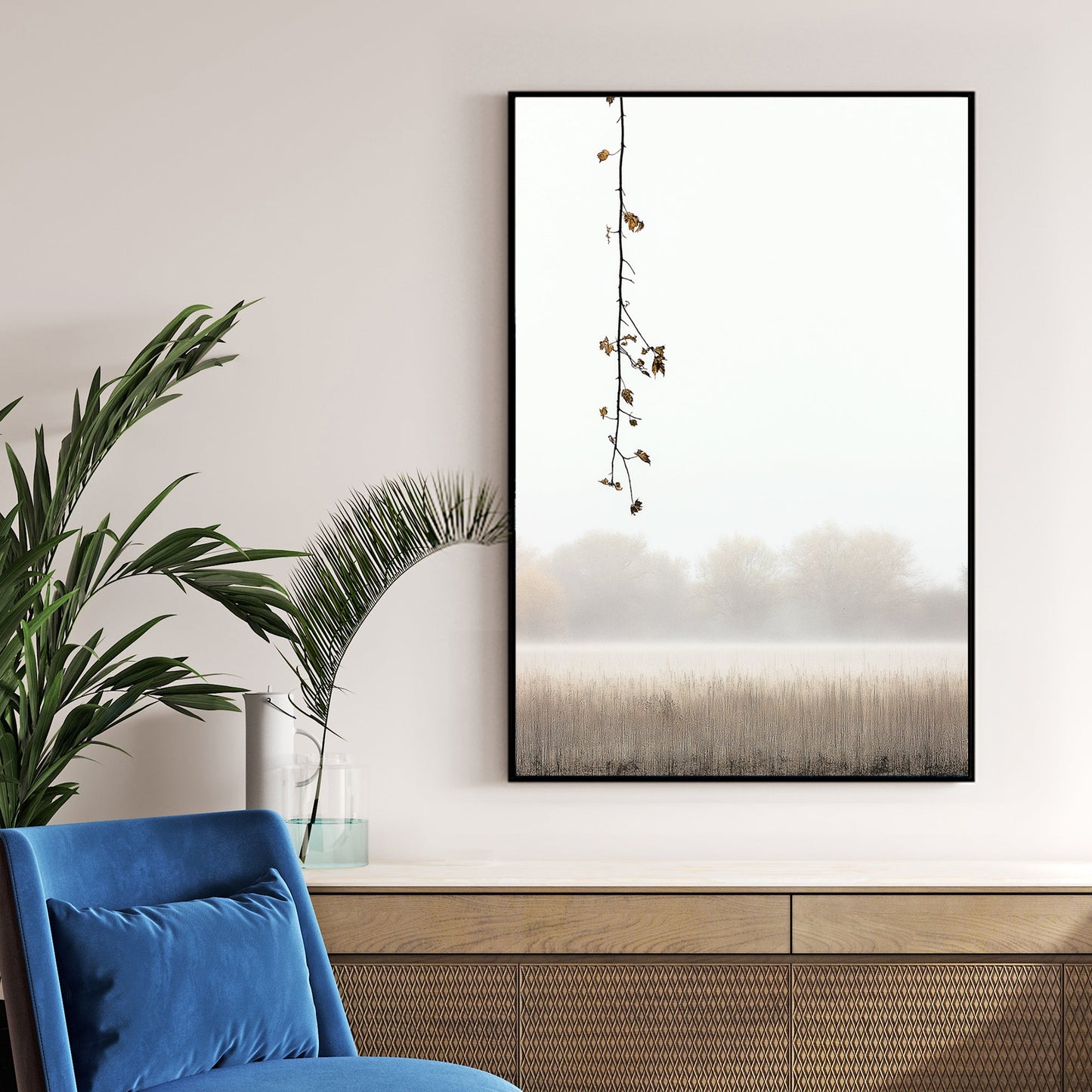 foggy field with hanging branch minimalist wall art
