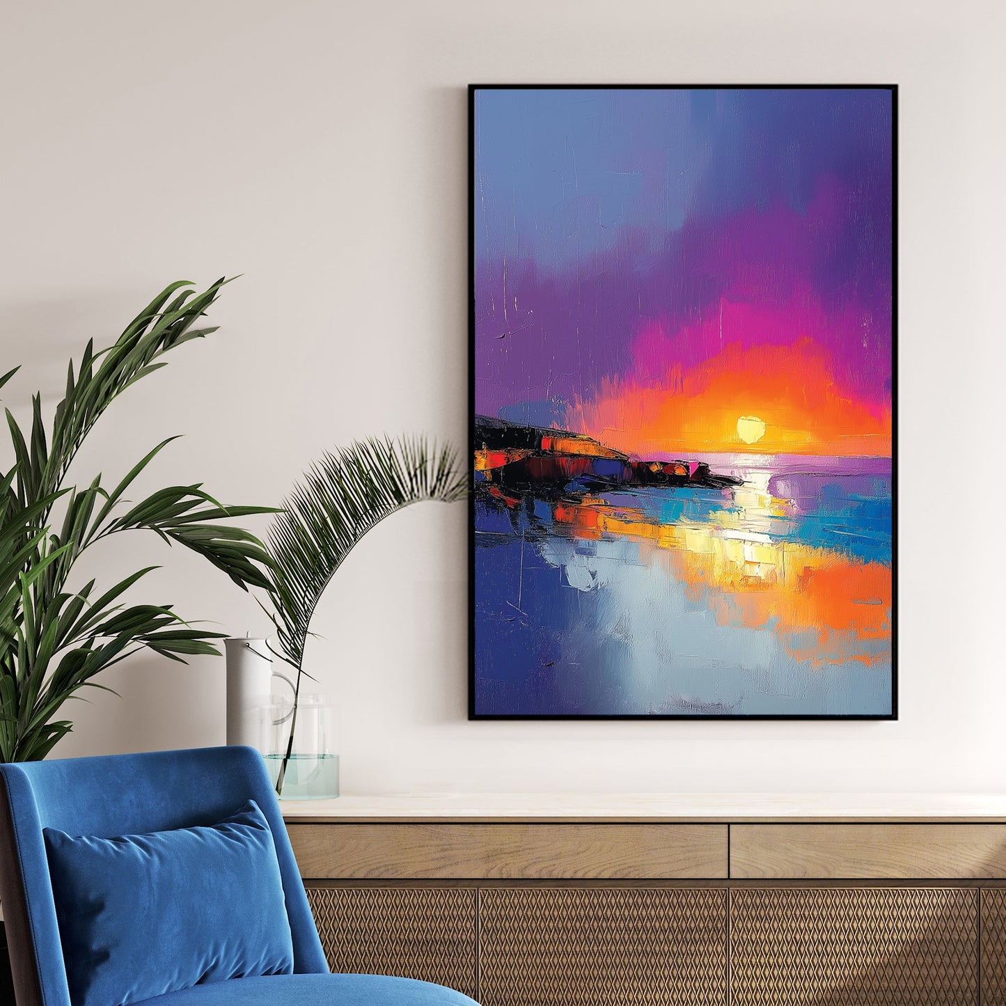 vibrant sunset beach scene wall art with bold brushstrokes