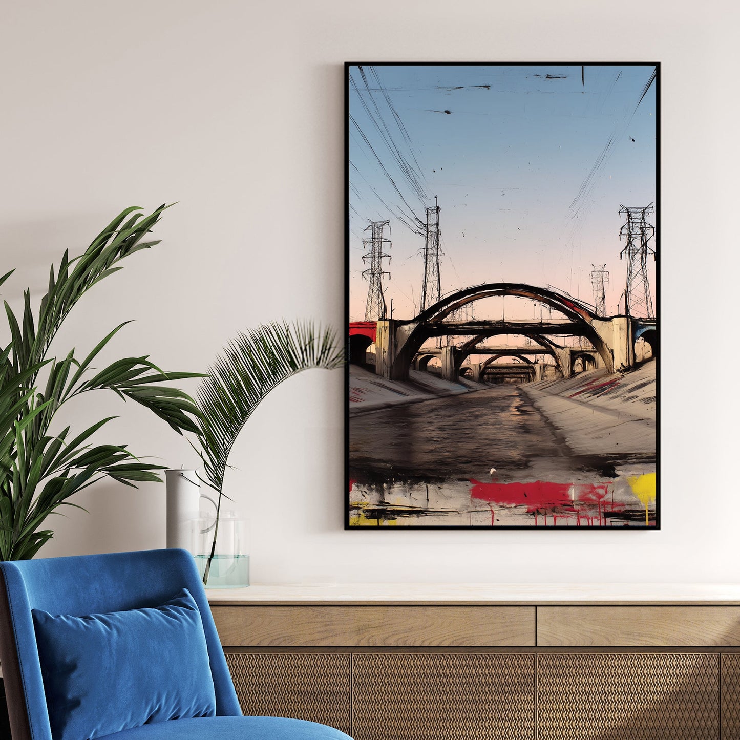 los angeles overpass graffiti wall art with sunset tones