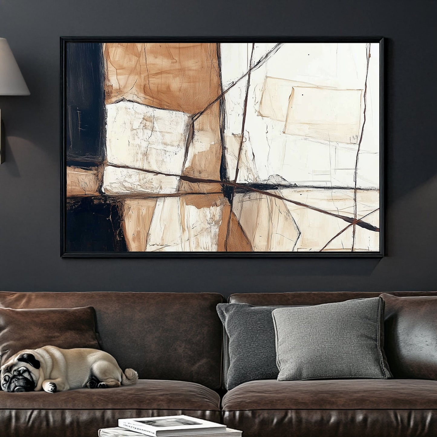 abstract neutral geometric wall art in beige and black tones