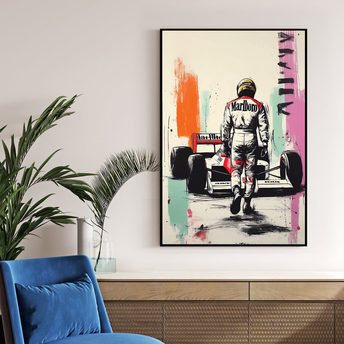 Ayrton Senna walking to F1 car wall art with graffiti splashes