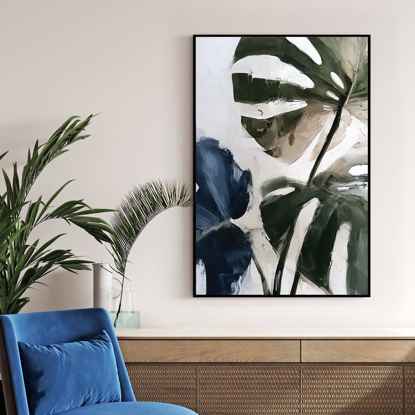 monstera leaf oil painting wall art in earthy green and indigo tones