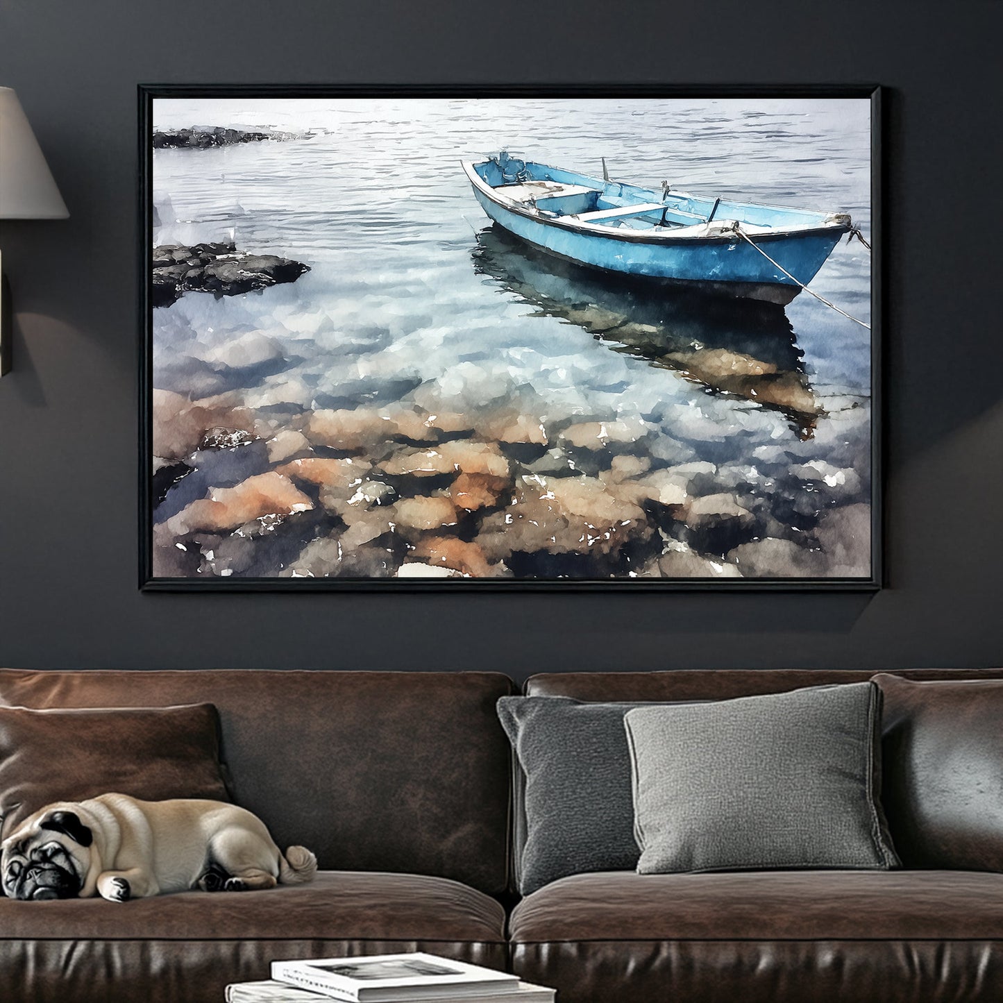 tranquil blue boat on clear water wall art in Palermo