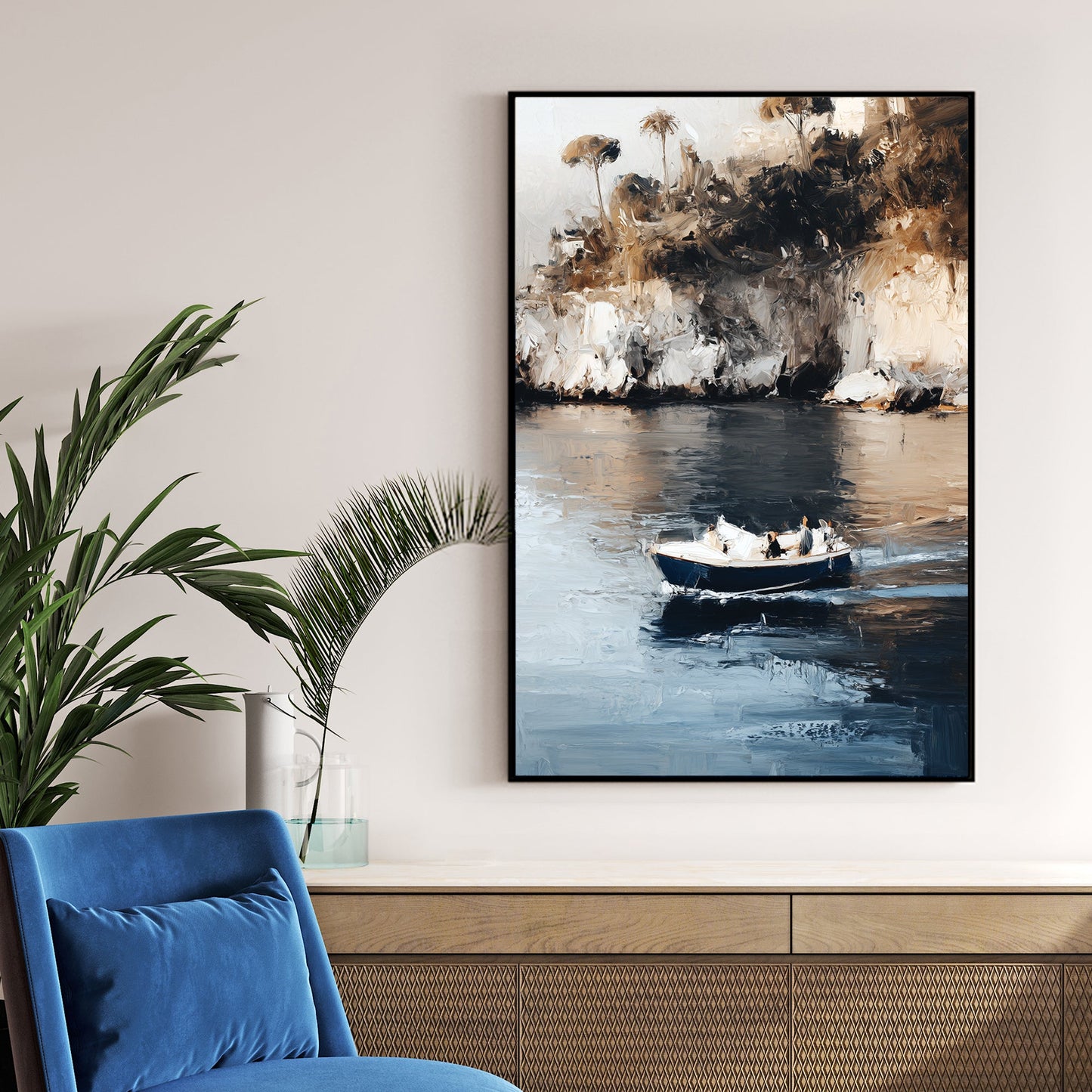 isola bella island boat wall art with textured painterly strokes