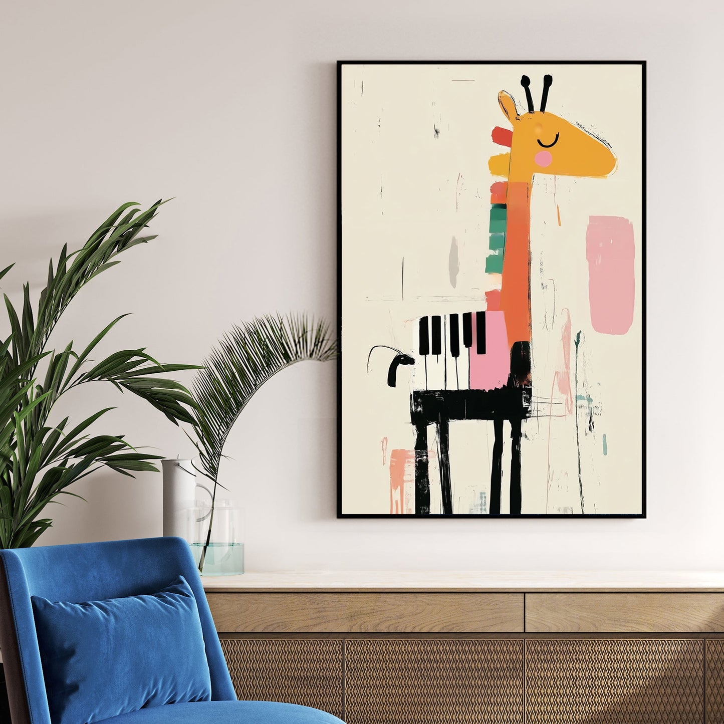 giraffe and piano themed kids wall art in abstract illustration style