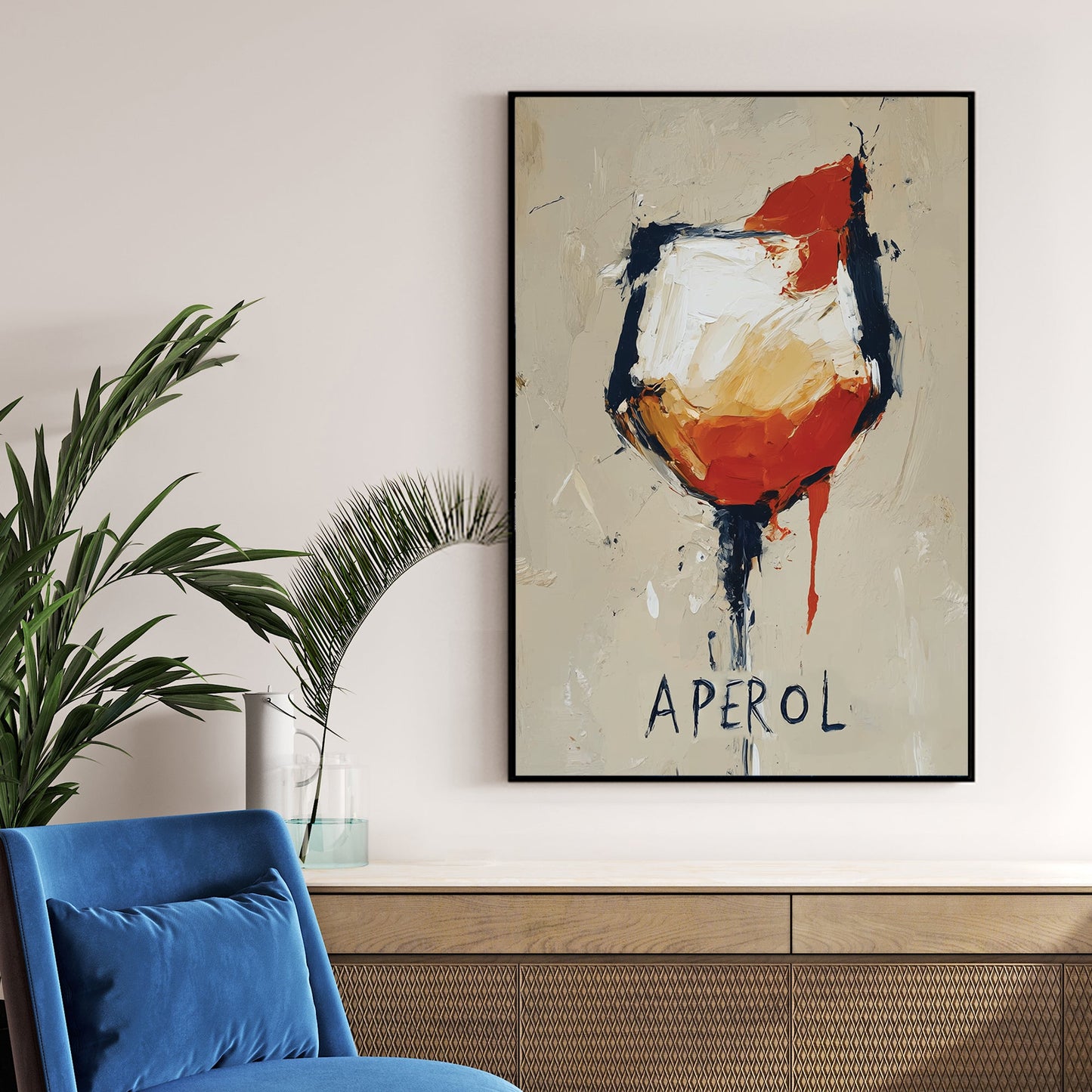 abstract aperol cocktail wall art with textured brushstrokes
