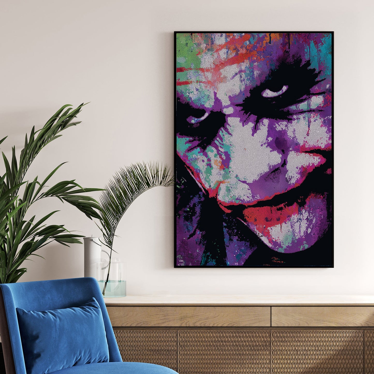 joker graffiti-style wall art with colourful cracked texture