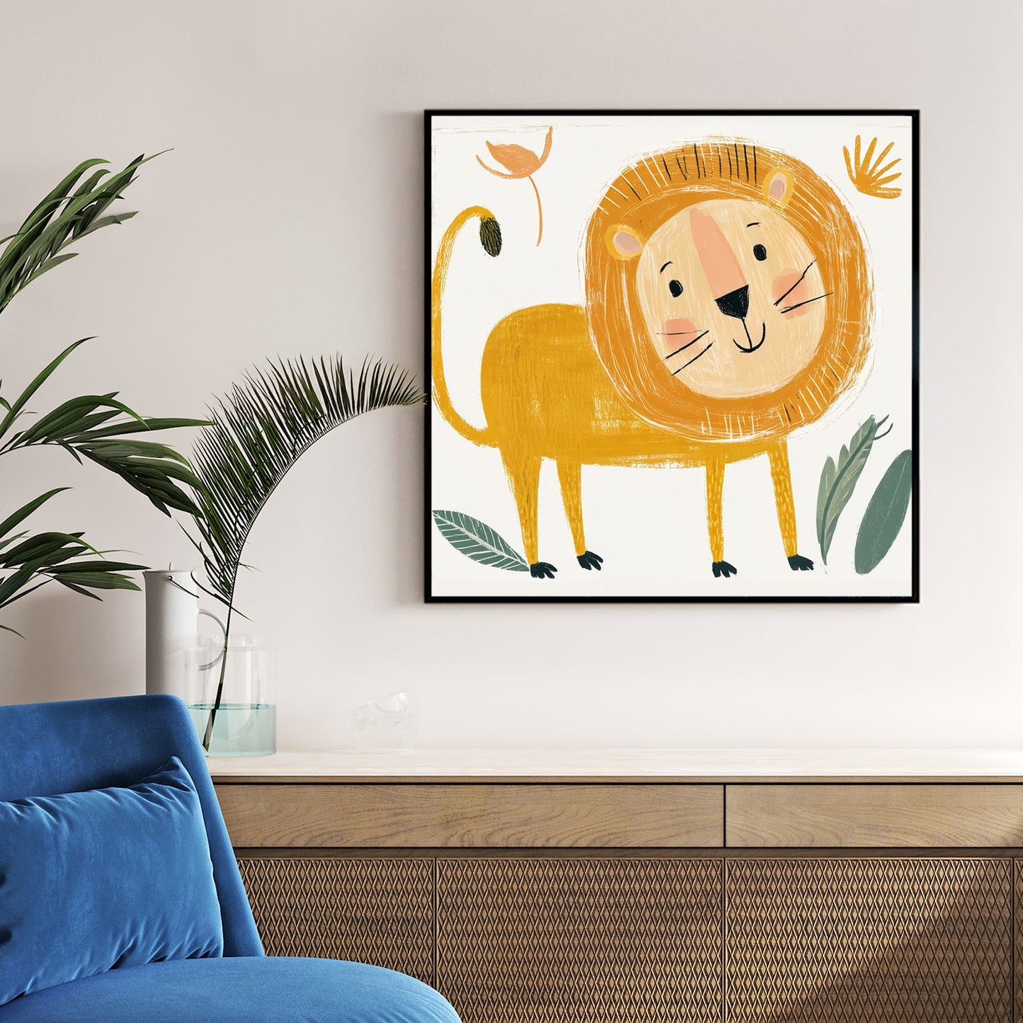 cartoon lion wall art with hand-drawn style in yellow and peach tones