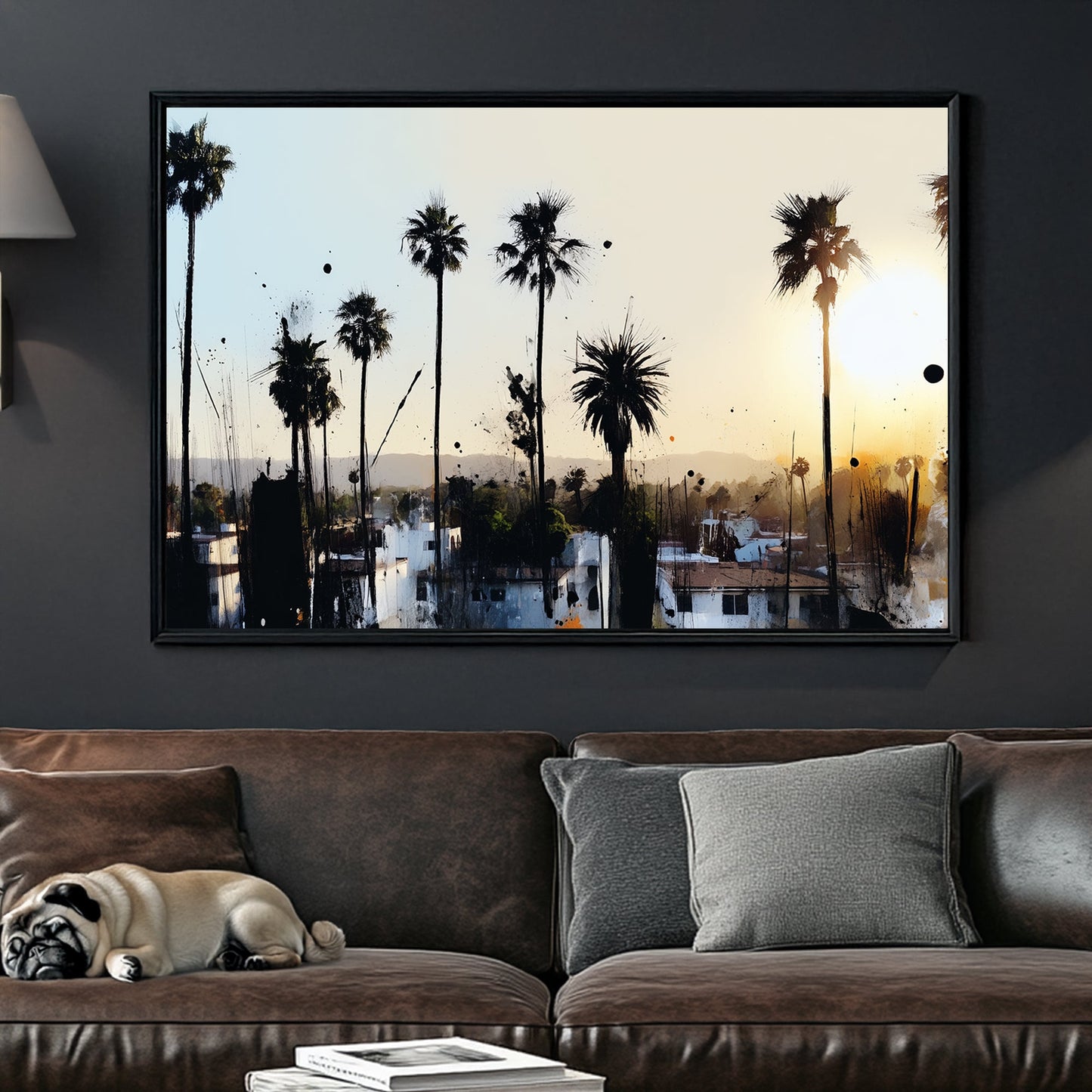 urban palm tree sunset wall art with ink splatter style