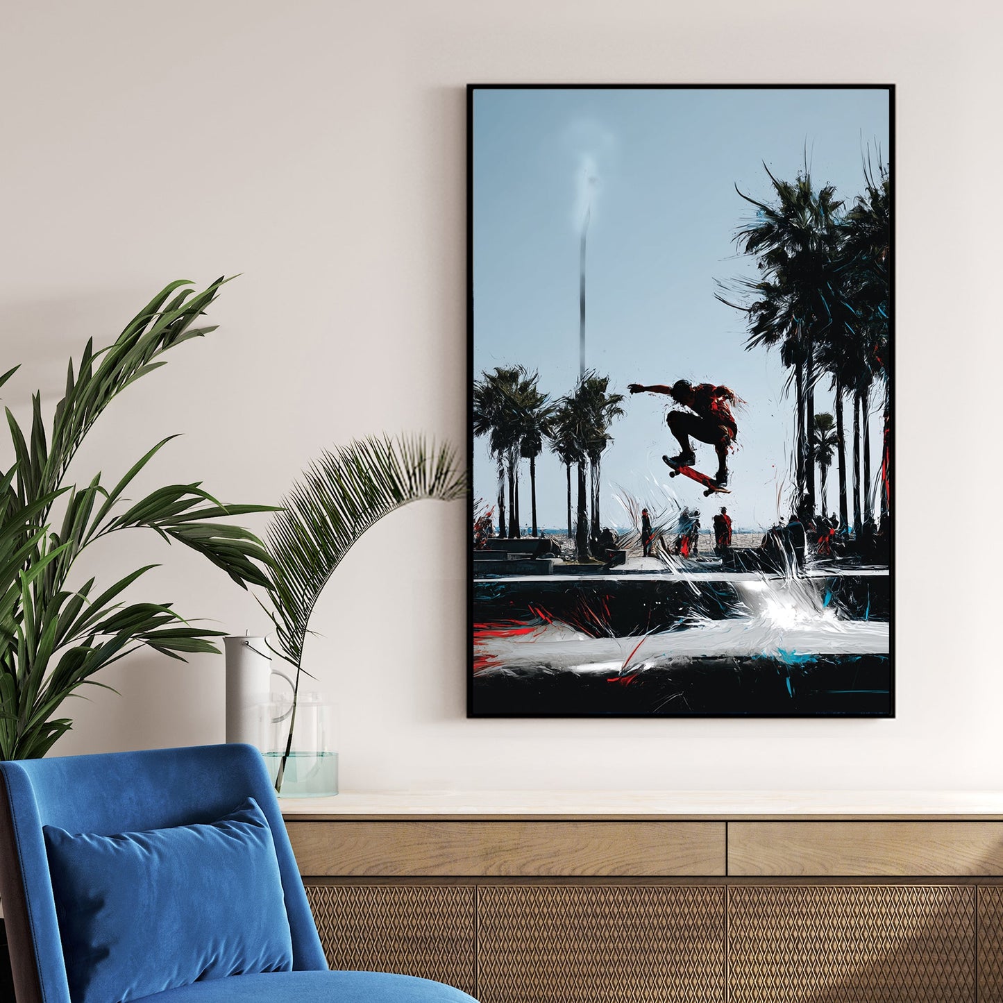 California skateboarder wall art with palm trees and abstract motion strokes