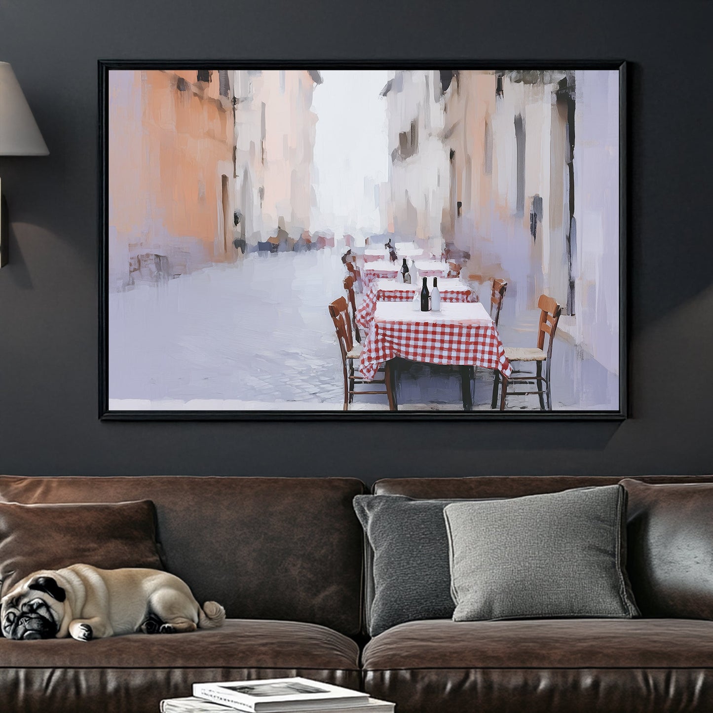 roma outdoor café with red checkered tables wall art