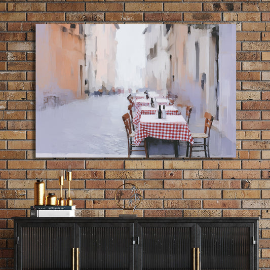 roma outdoor café with red checkered tables wall art