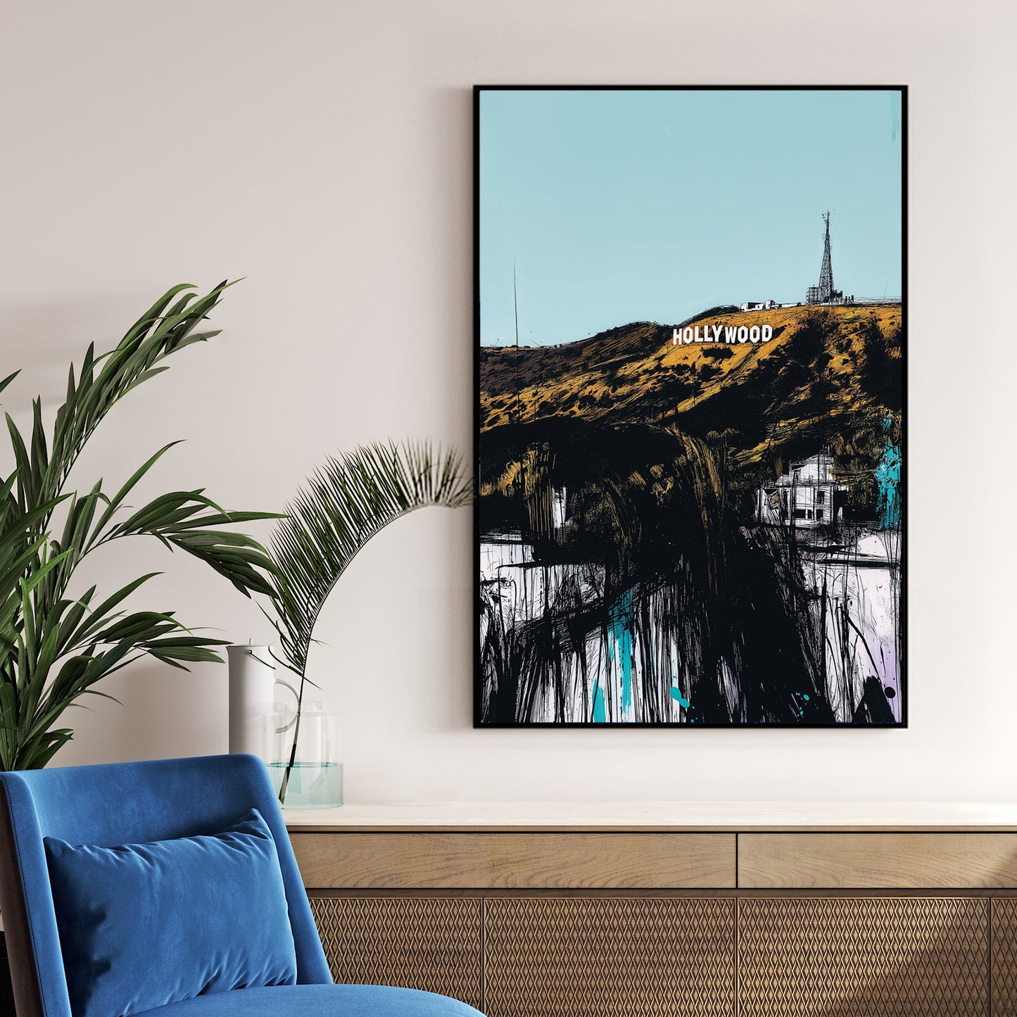 hollywood sign sketch wall art in bold urban style