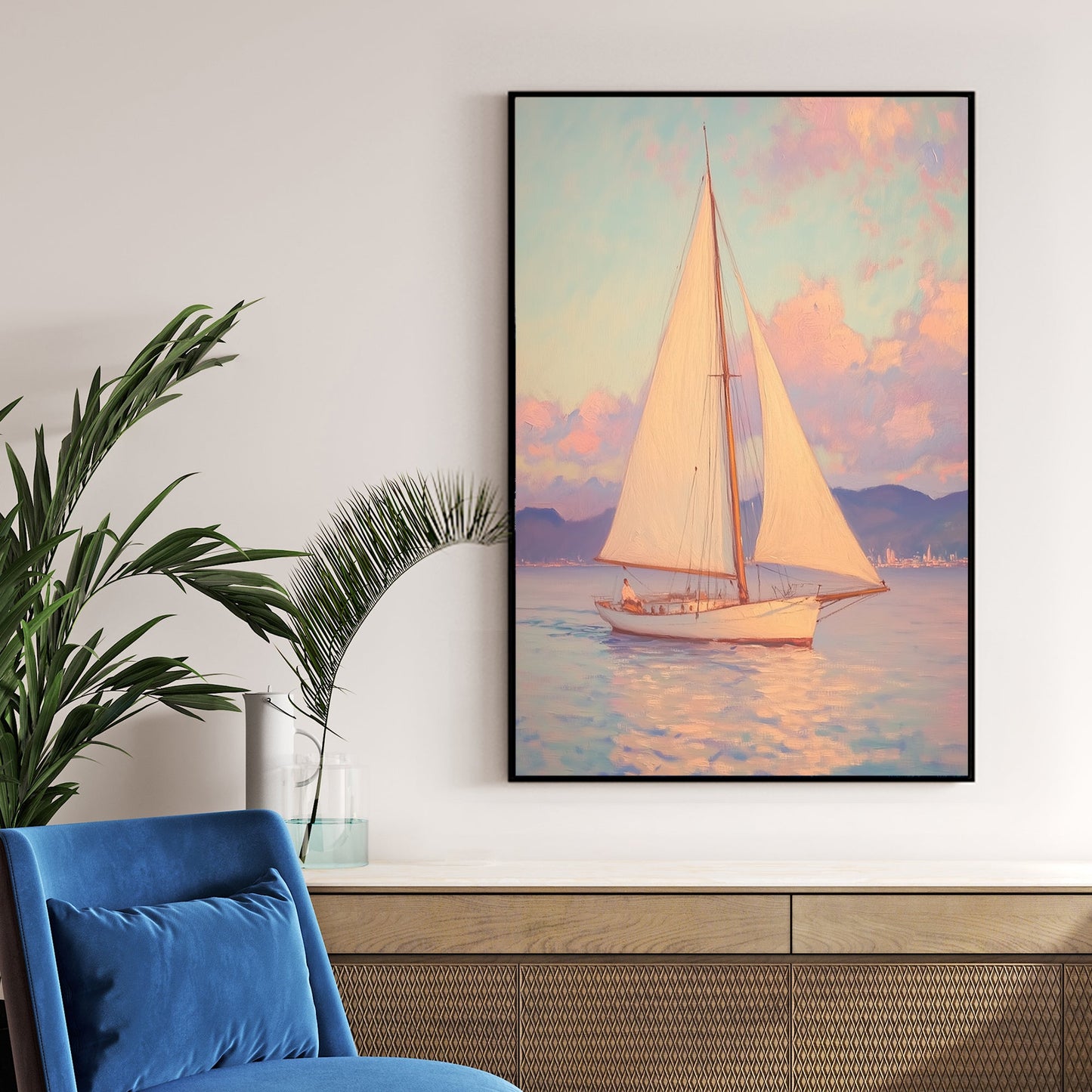 pastel sailboat at sea wall art with sunset sky