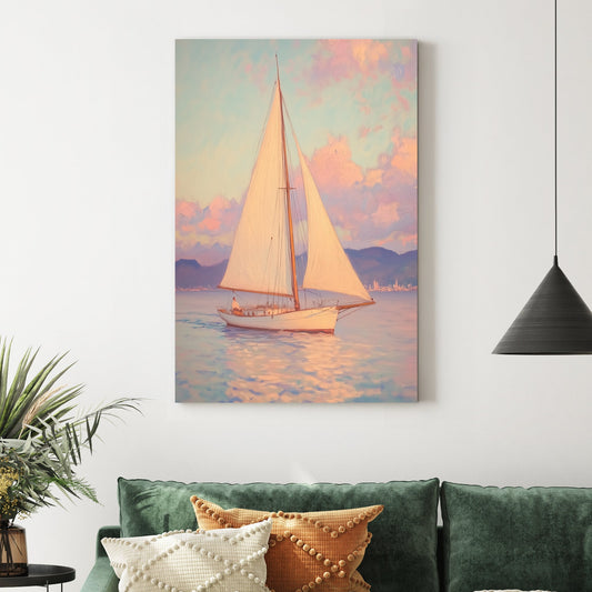 pastel sailboat at sea wall art with sunset sky