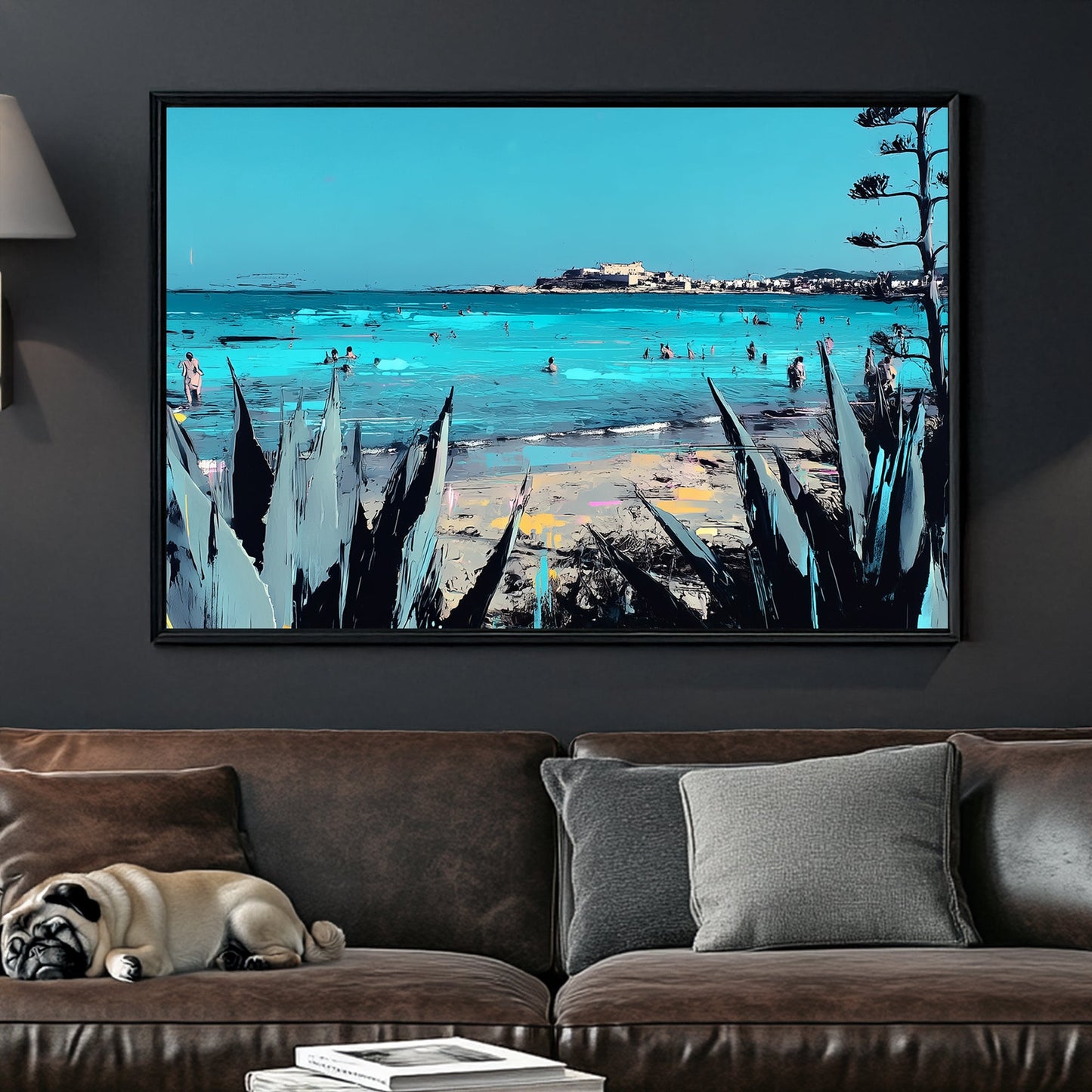 Sicily coastline beach scene wall art with turquoise sea and plants