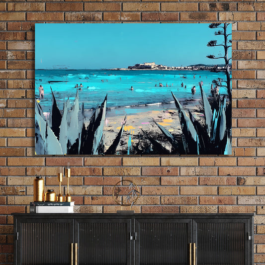 Sicily coastline beach scene wall art with turquoise sea and plants