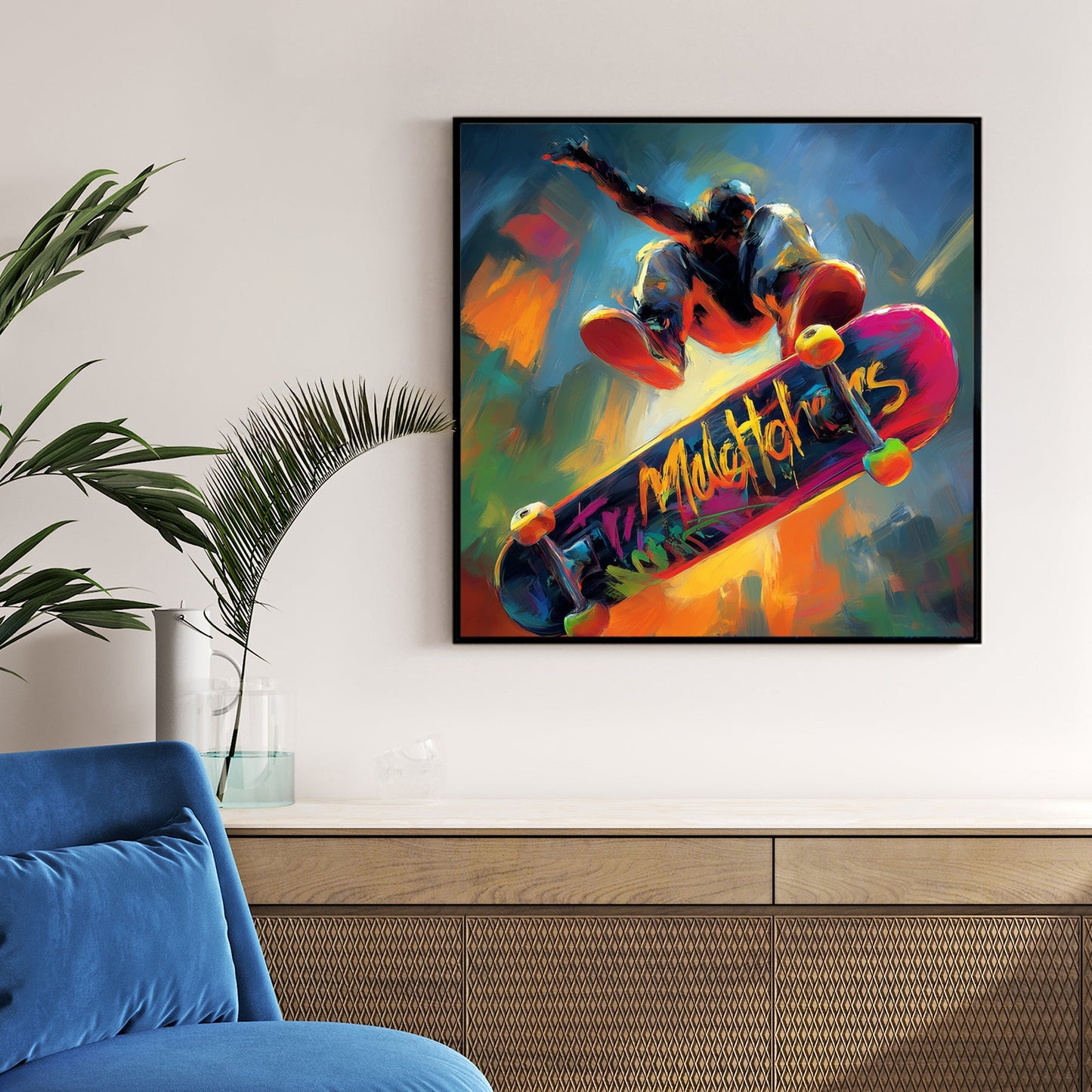 colourful skateboarder midair trick wall art with abstract street style