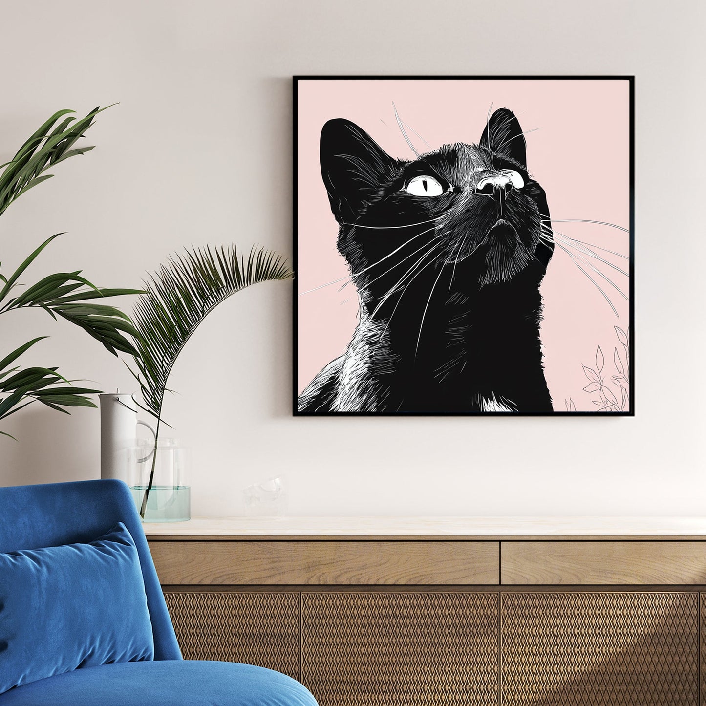 minimalist black cat wall art illustration on pink background