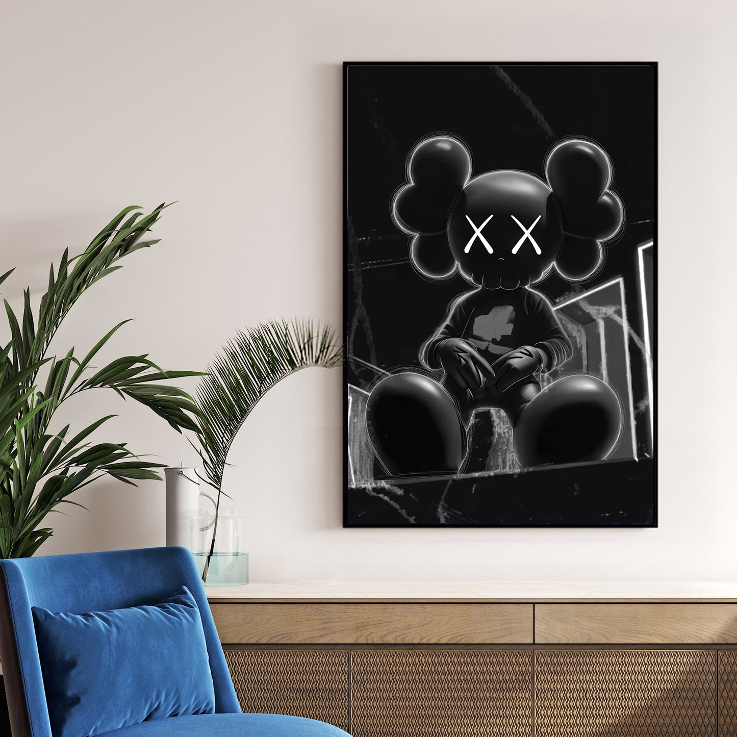 dark kaws-inspired urban cartoon wall art in black and white