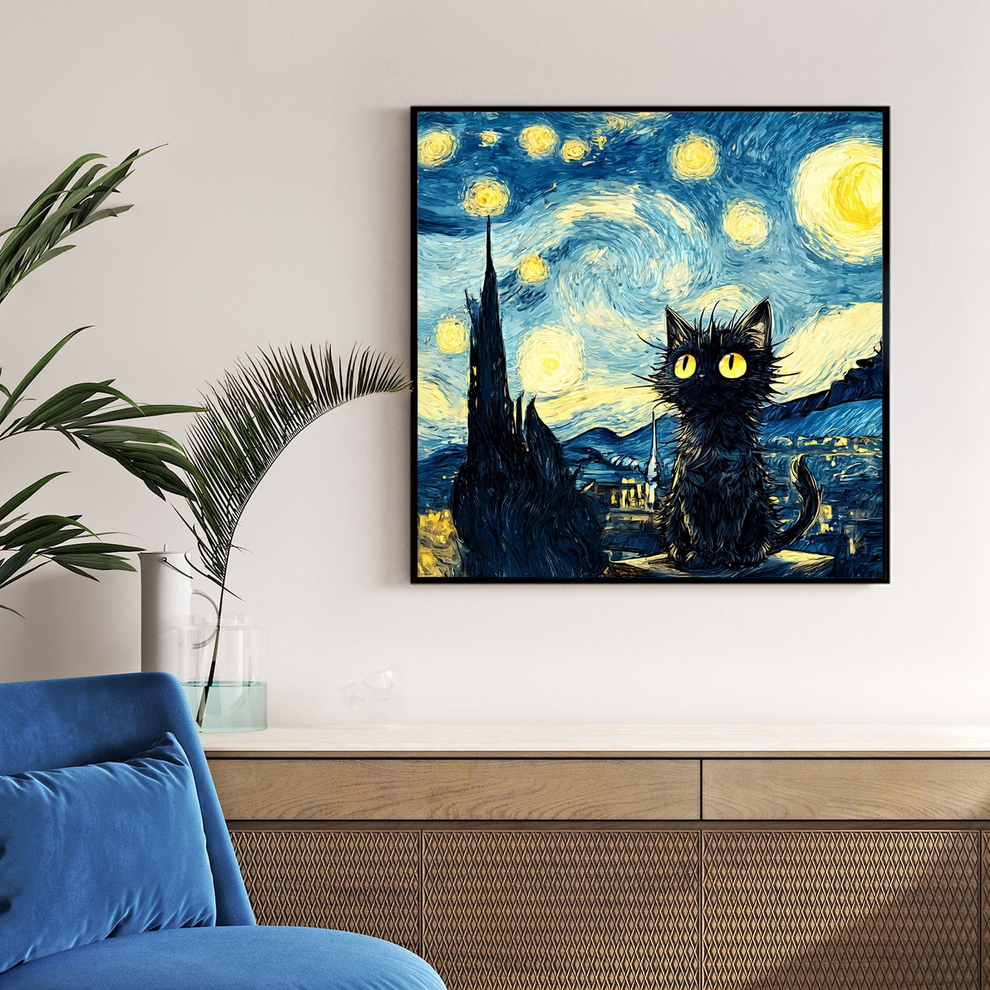 whimsical starry night cat wall art in Van Gogh inspired style