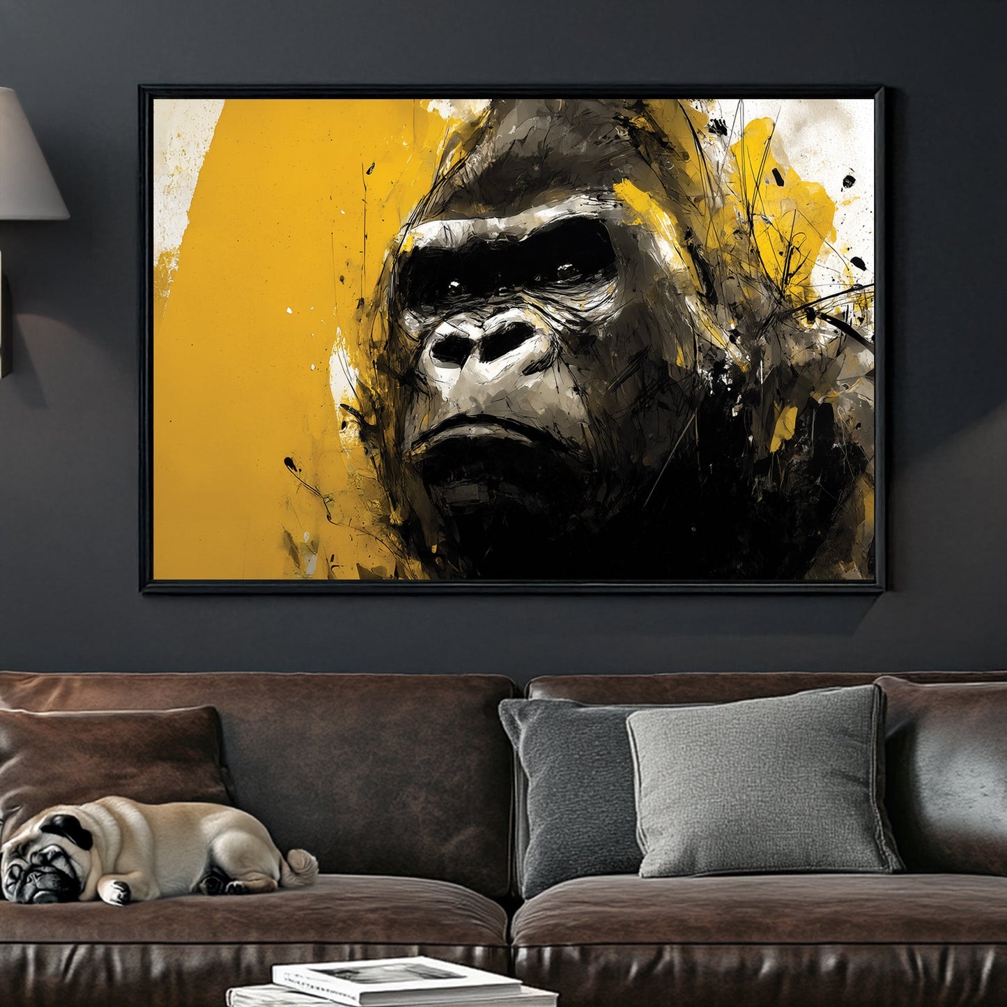 silverback gorilla wall art with yellow and black paint splashes