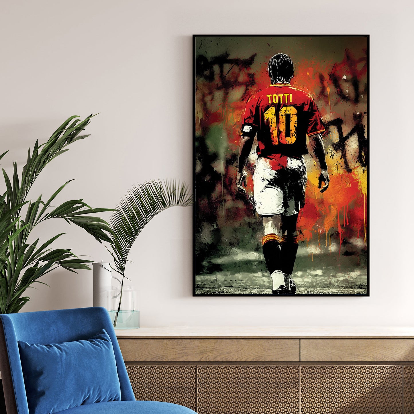 francesco totti wall art with graffiti background and crown elements