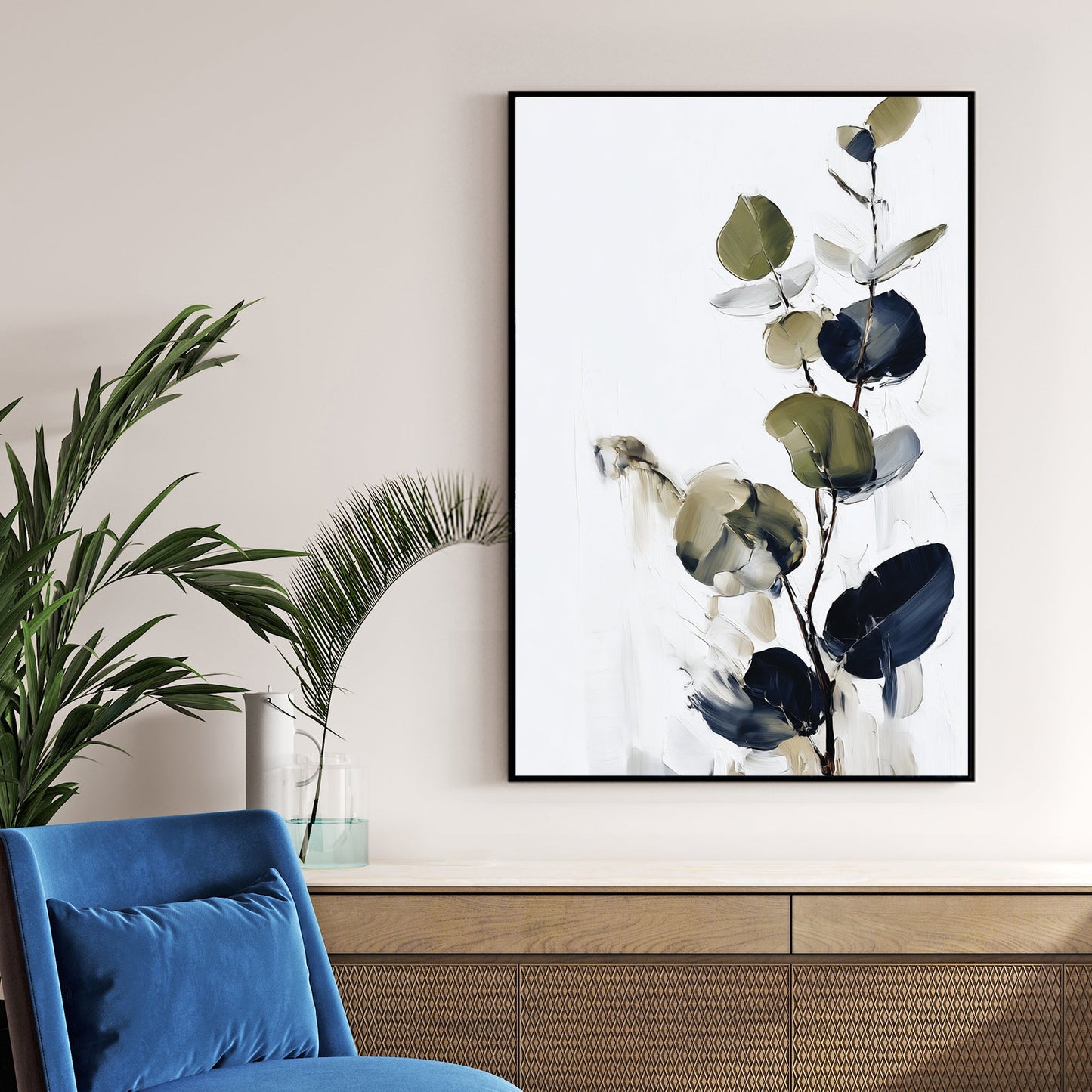 minimalist eucalyptus wall art in navy and green on white background