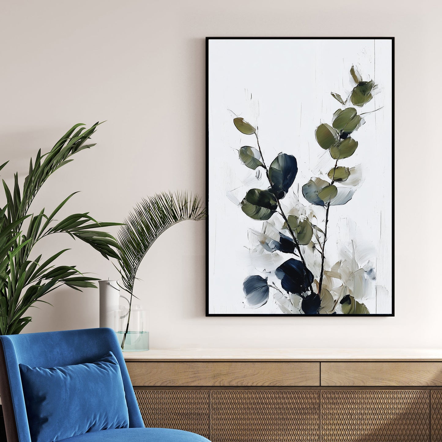 eucalyptus branch minimal wall art in green and navy tones