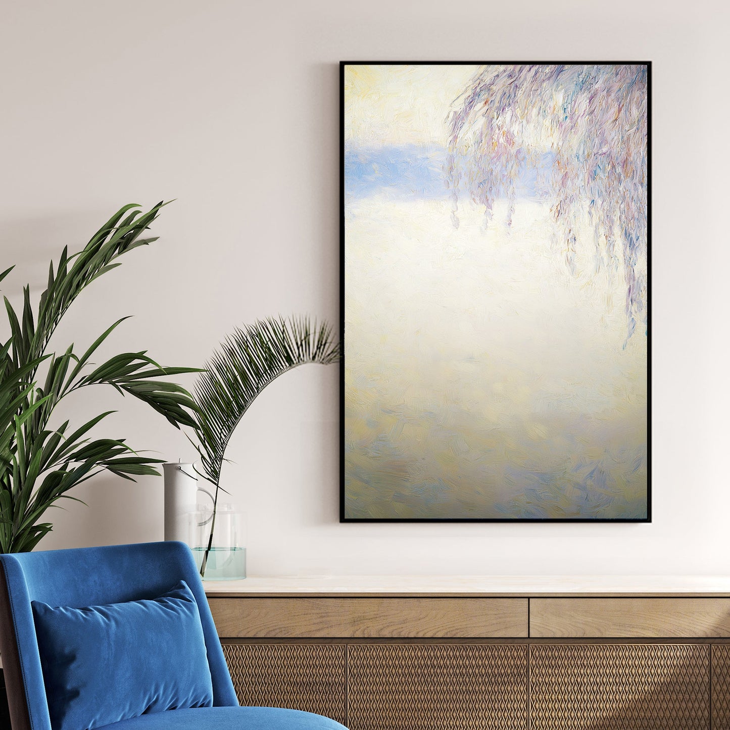 soft winter landscape wall art with frost-covered branches on pale background