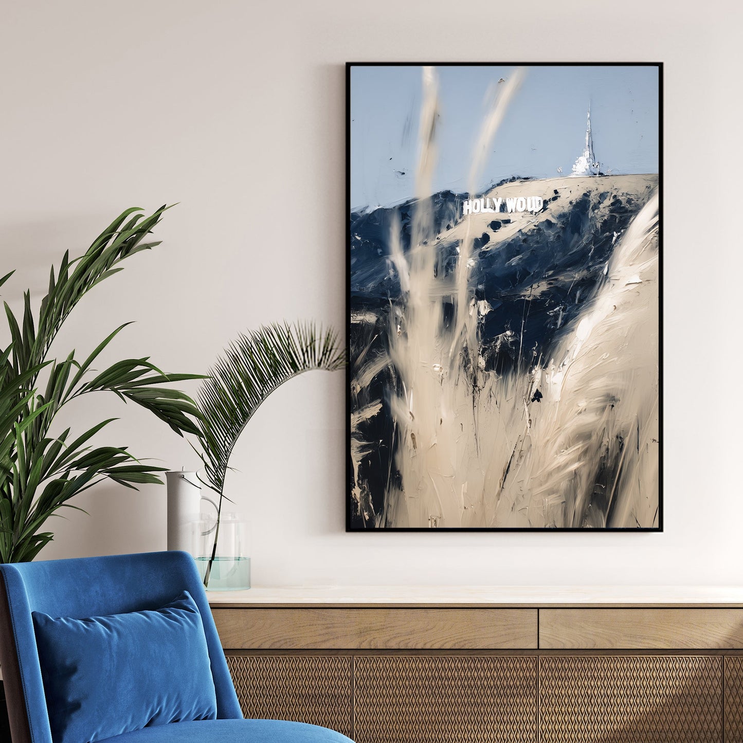 abstract Hollywood sign wall art with beige and navy brushstrokes