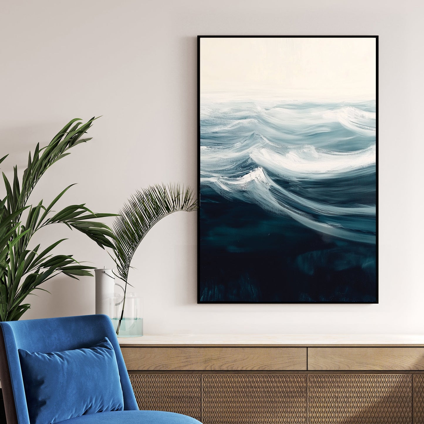 minimalist ocean wave wall art in teal and white