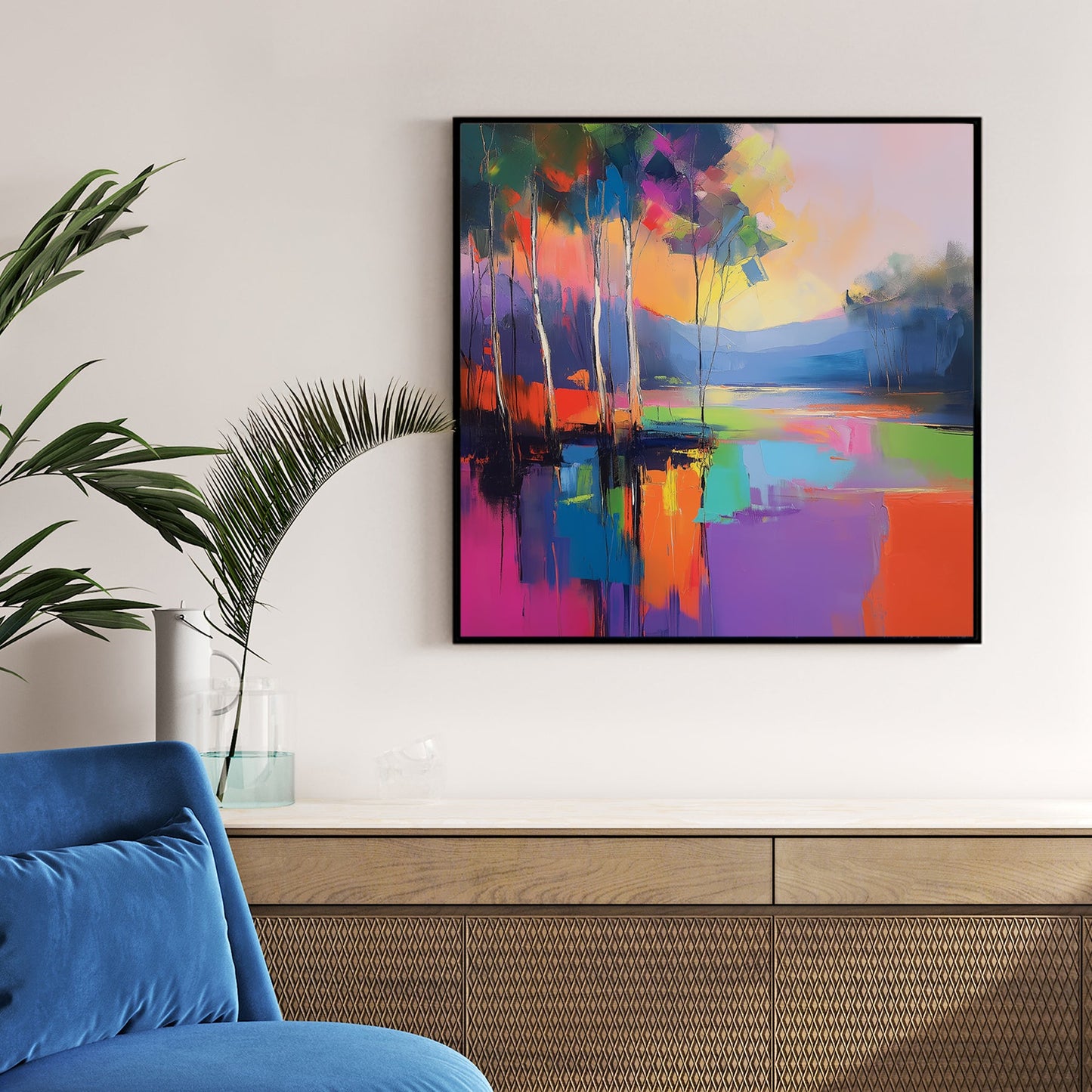 vibrant colourful forest landscape wall art with reflection