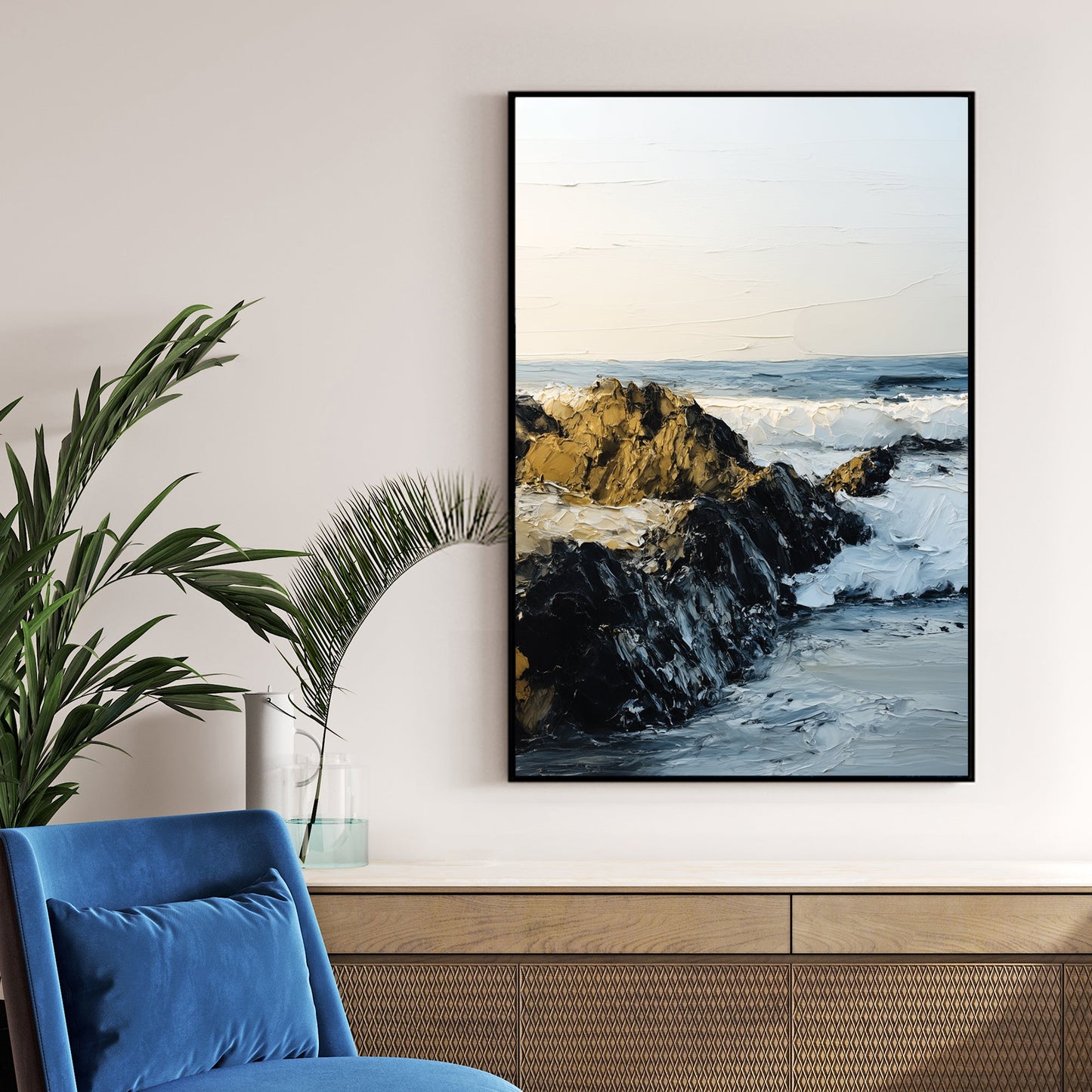 rocky shoreline with ocean waves textured wall art