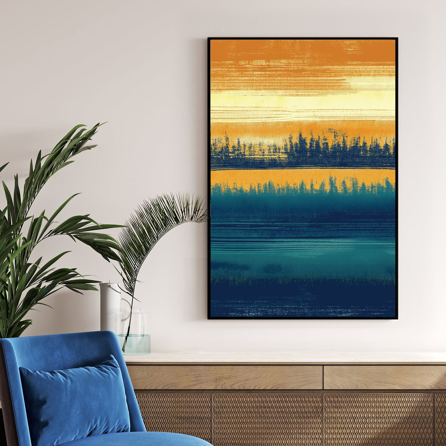 abstract forest silhouette wall art in ochre and teal tones
