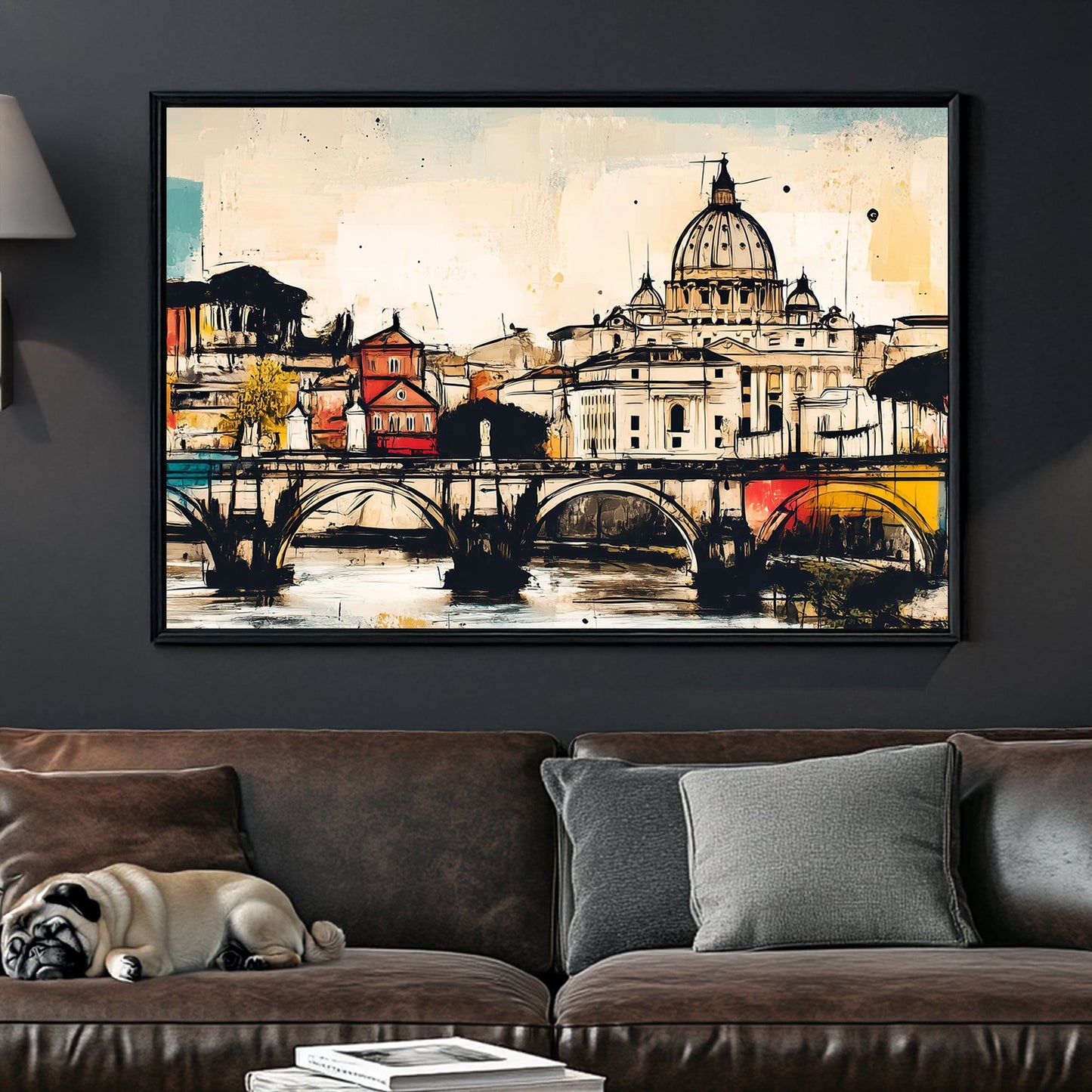 rome wall art of st. peter’s basilica and ponte sant’angelo in colourful abstract sketch style