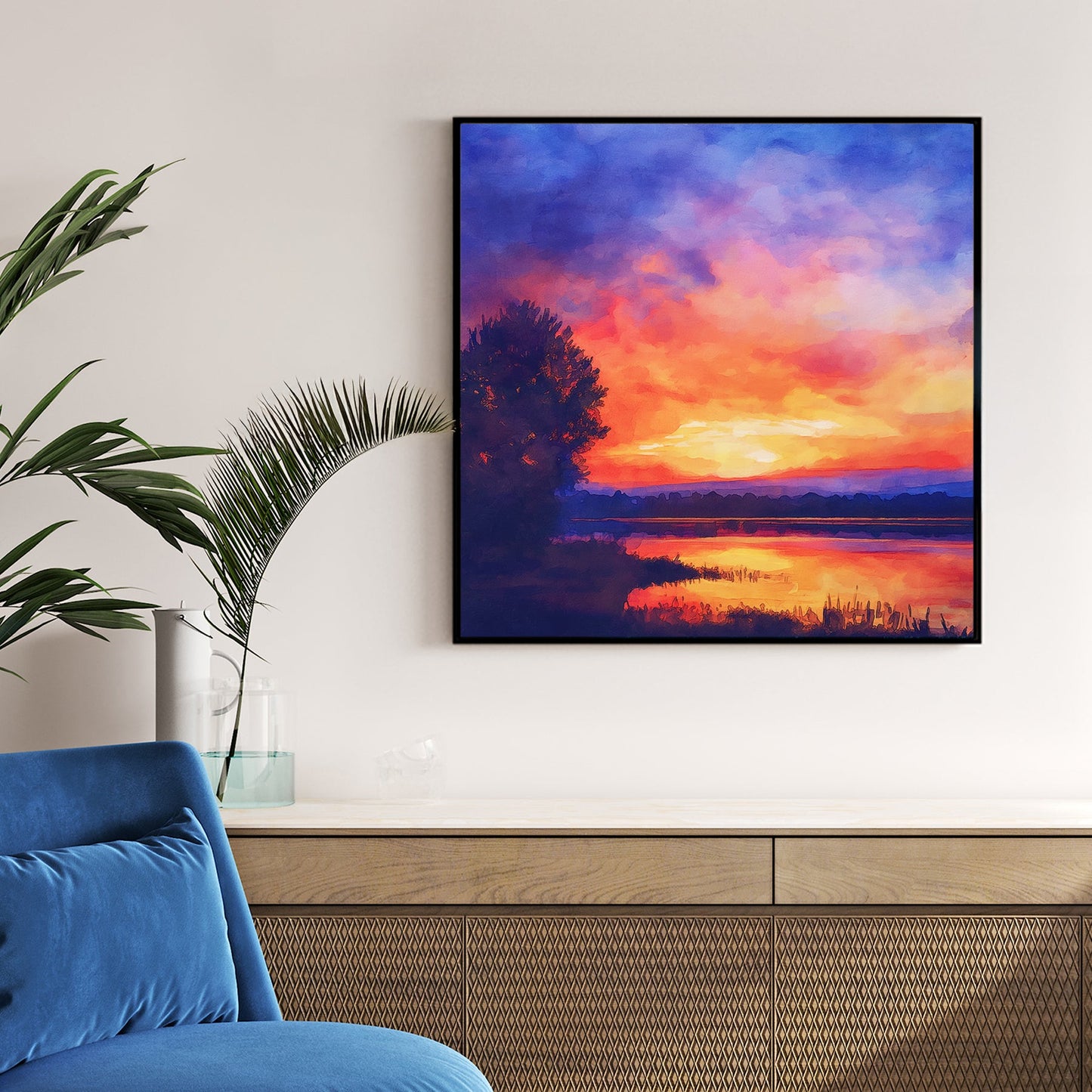 sunset wall art with vibrant orange, purple, and pink skies reflected on a lake in watercolour style