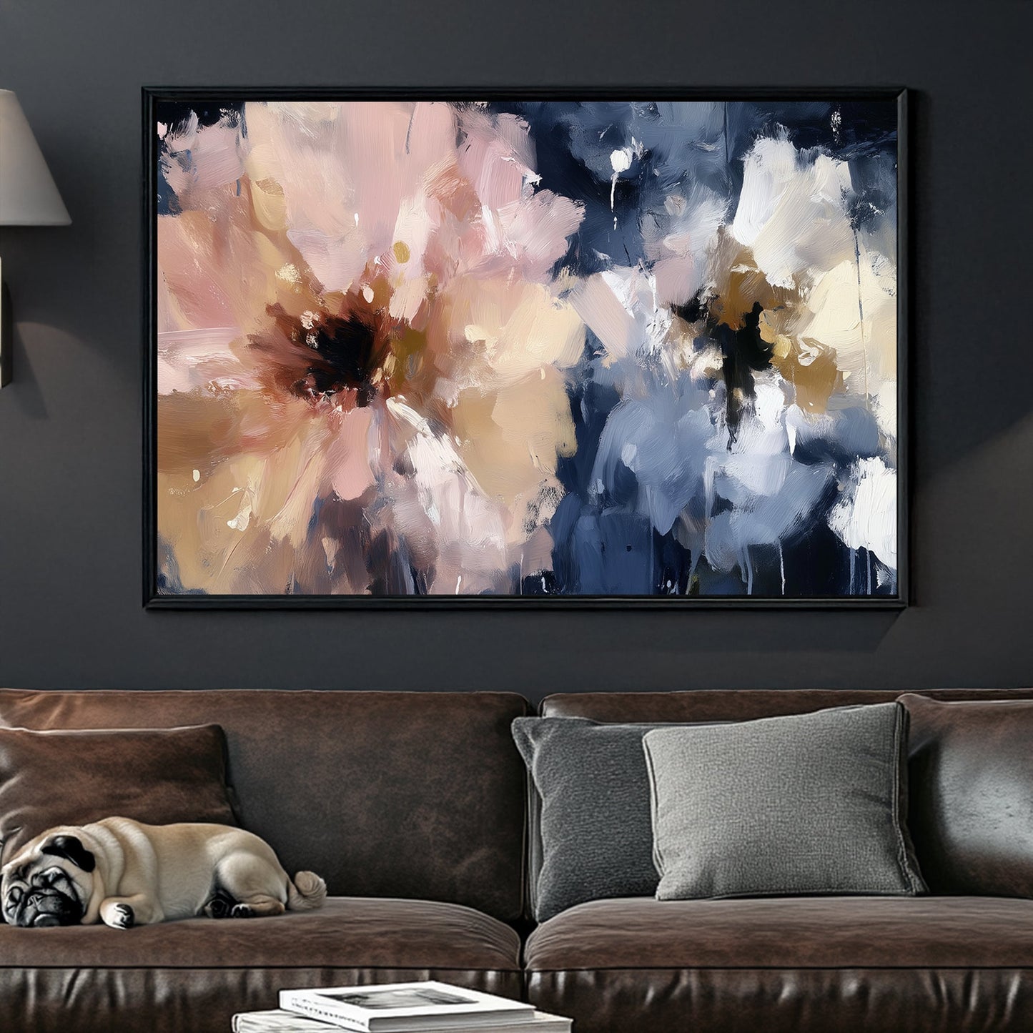 abstract floral wall art in pink, beige, and navy with expressive brushstrokes