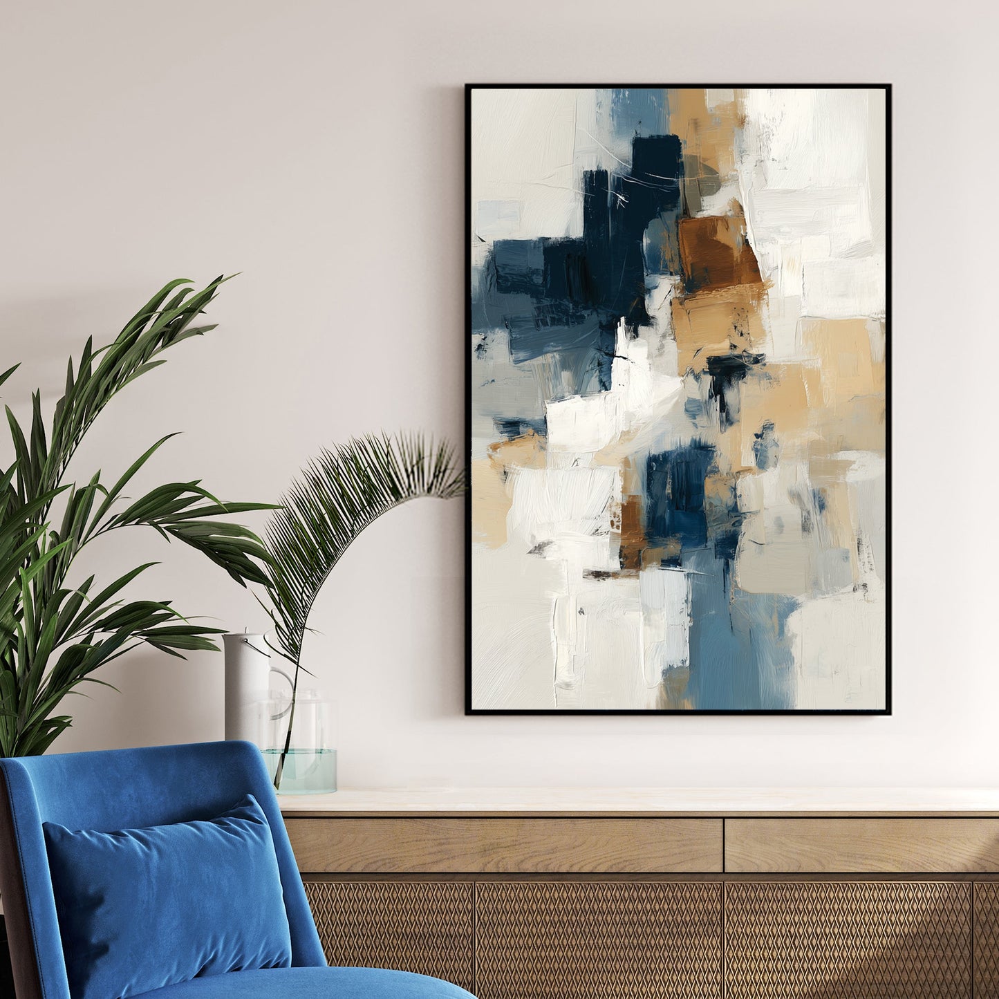 abstract wall art in navy, beige, and white with textured brushstrokes