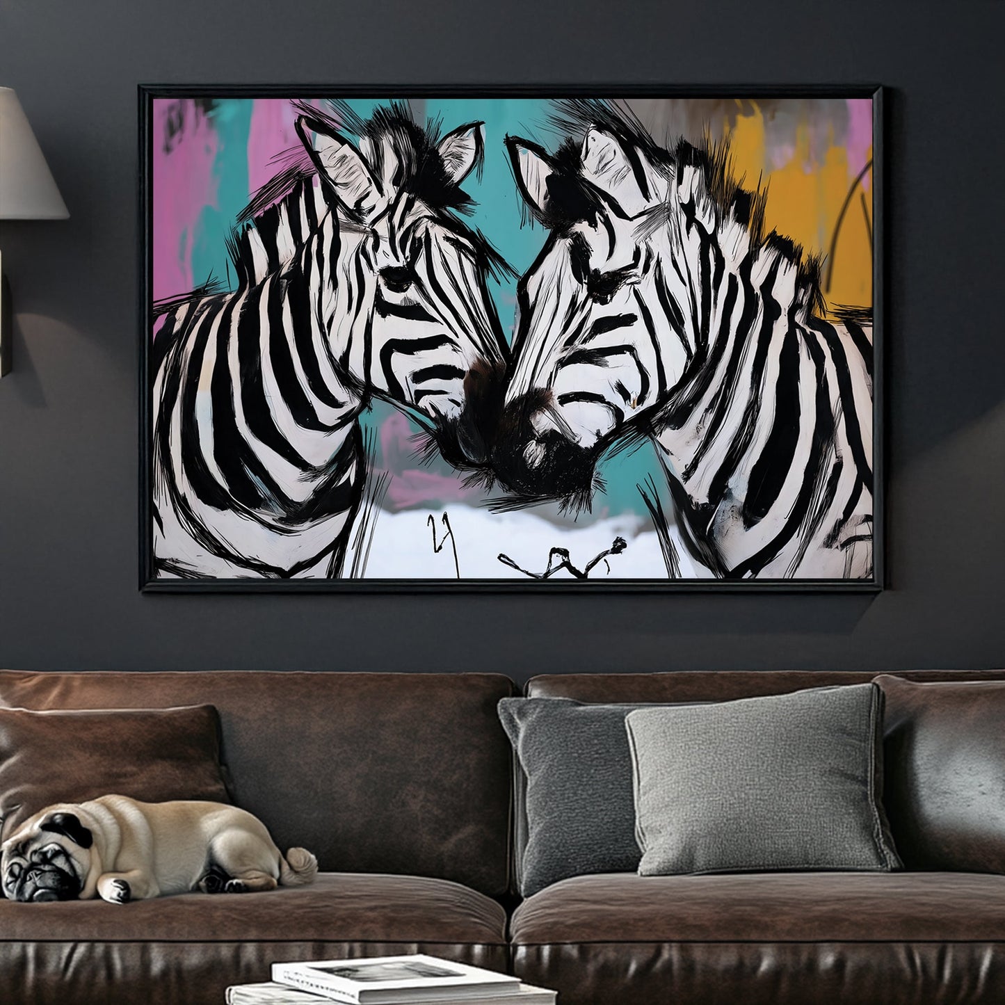 graffiti-style zebra wall art with colourful background