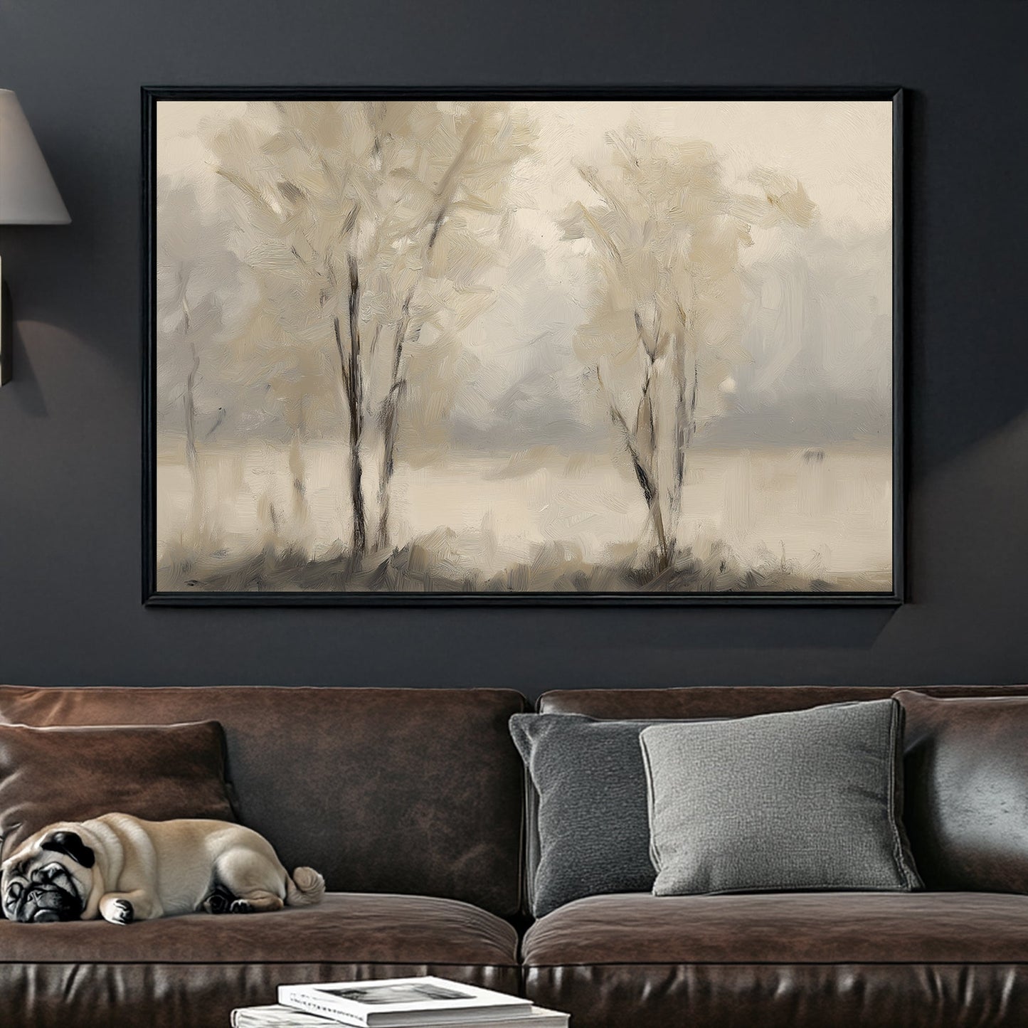 minimal foggy tree landscape wall art in neutral tones