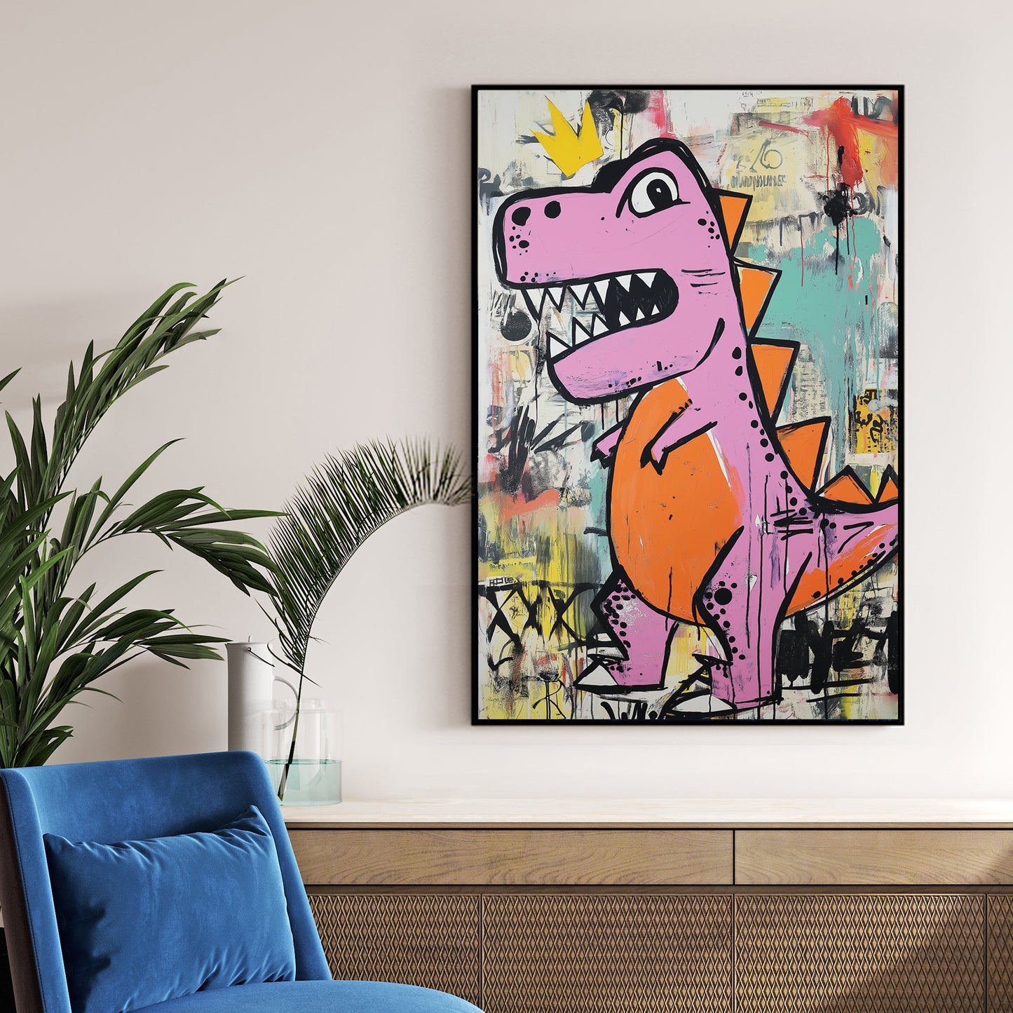 pink dinosaur graffiti wall art