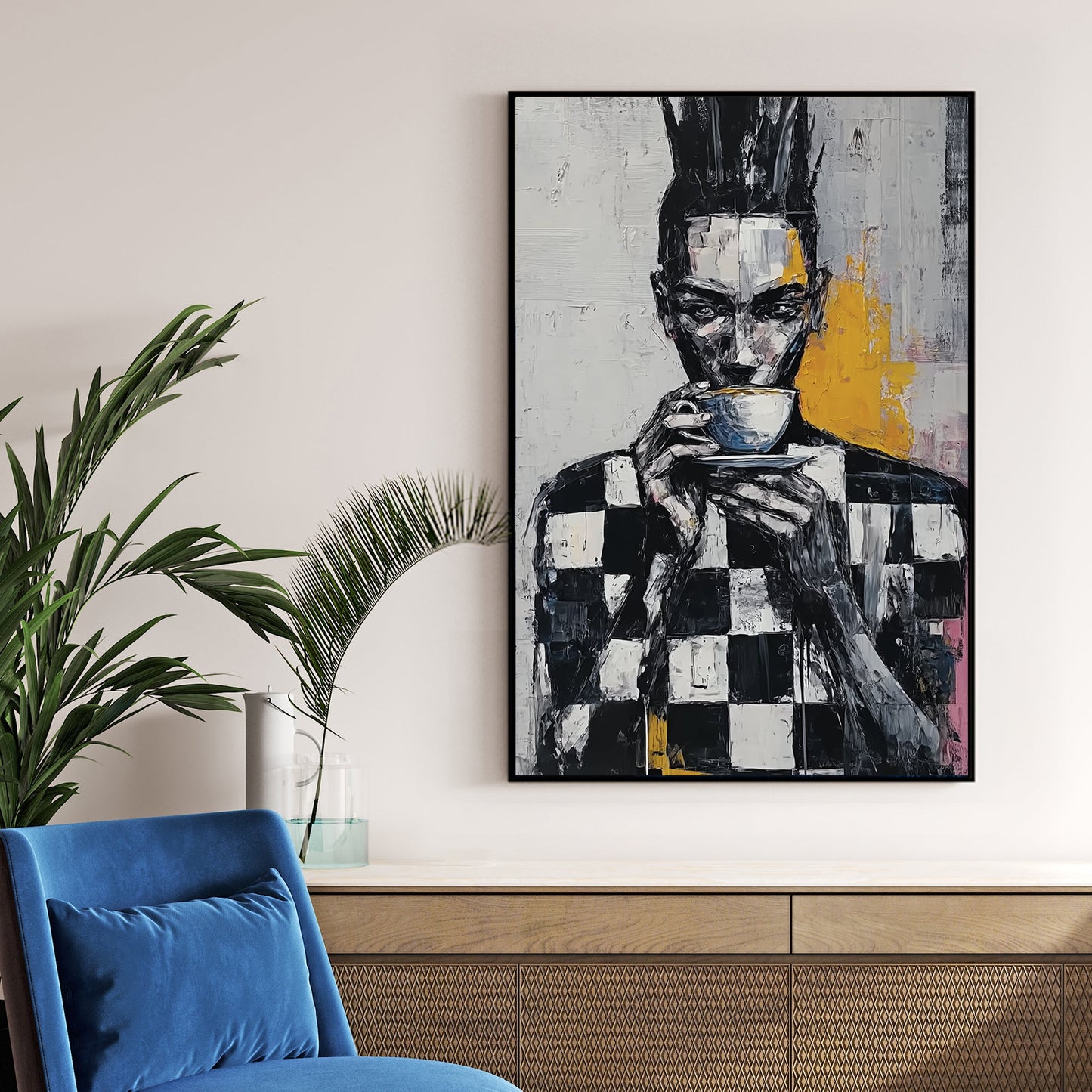 abstract wall art of figure in checkerboard shirt holding a cup