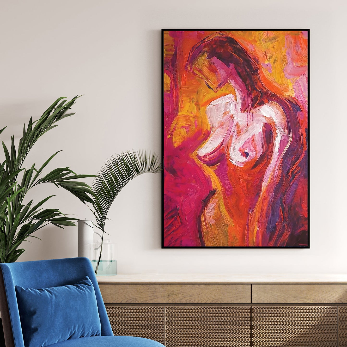 abstract wall art of nude woman in vibrant warm colours
