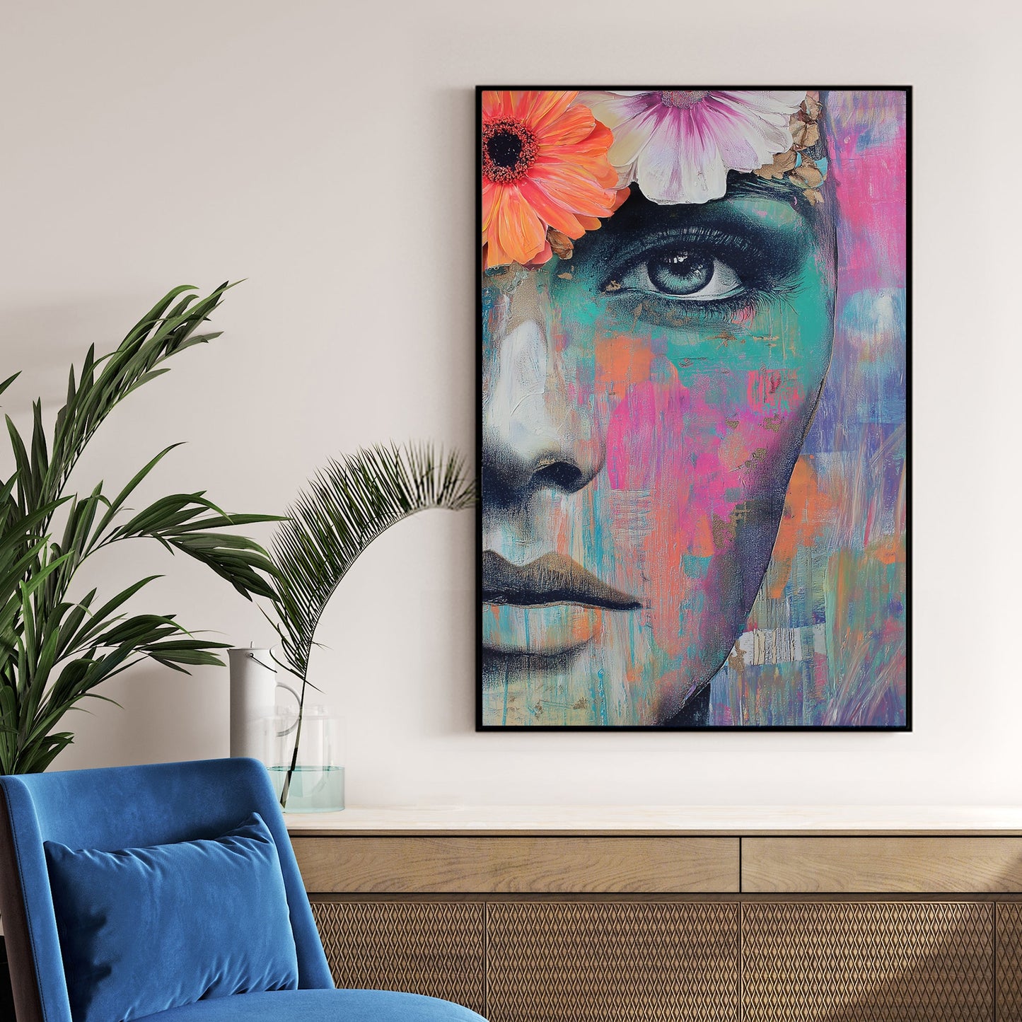 vibrant female portrait wall art with flowers