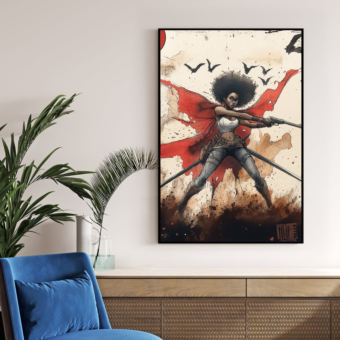 comic style warrior woman wall art with red cape and weapons