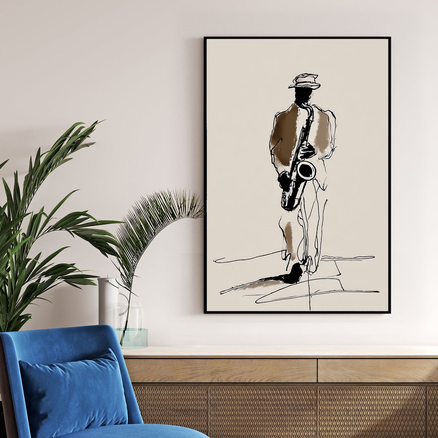 minimalist jazz saxophone player wall art