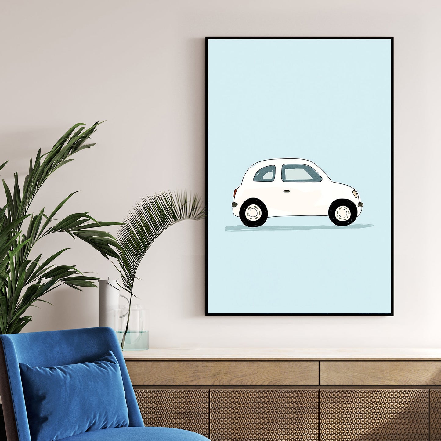 minimalist white car illustration wall art