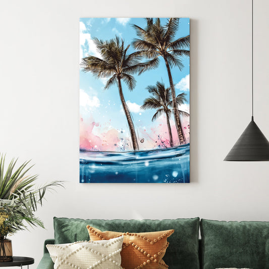 tropical palm trees and ocean wall art with vibrant colours