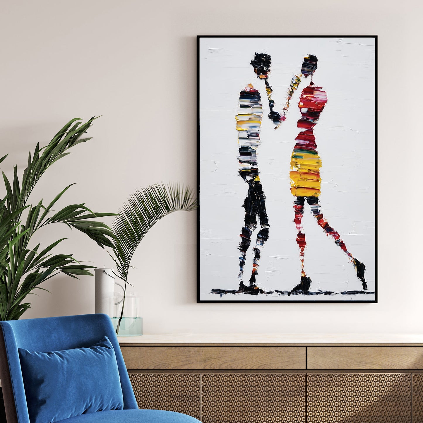 abstract colourful figures wall art with textured palette knife strokes